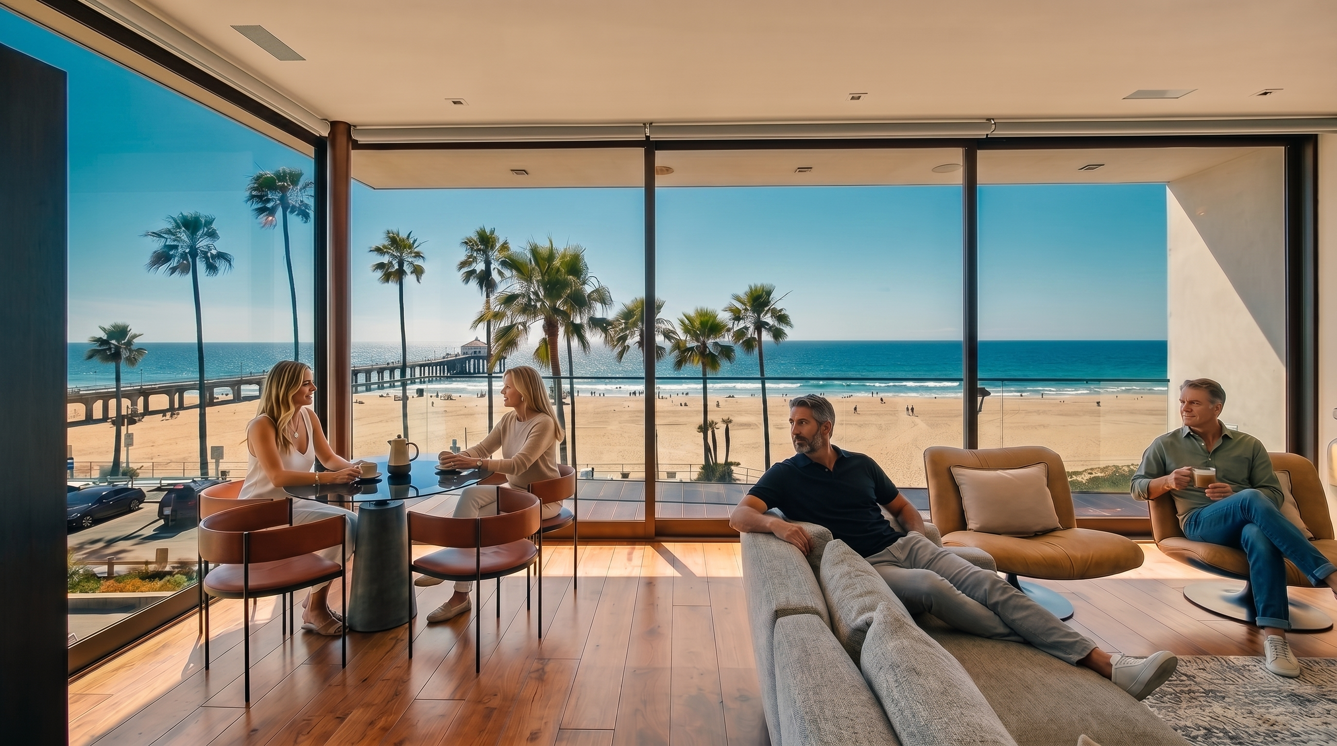 This bright and airy living space features expansive floor-to-ceiling glass walls that frame a panoramic view of the beach, ocean, and pier. The room is furnished with a comfortable sofa and two modern lounge chairs, complemented by a small glass-topped dining table near the window. The warm wood flooring and minimalist design create a sophisticated, open-concept atmosphere that seamlessly connects the interior living area with the coastal scenery.