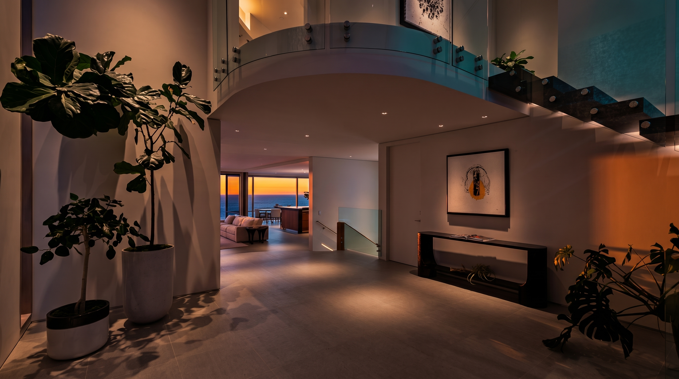 This grand, minimalist entryway features a sweeping curved staircase with a glass railing that overlooks the lower level. A large potted fiddle leaf fig anchors the left side, while a sleek black console table sits beneath a modern abstract painting on the right. The open-concept design draws the eye through the space toward a bright living area with expansive windows that frame a stunning ocean view.