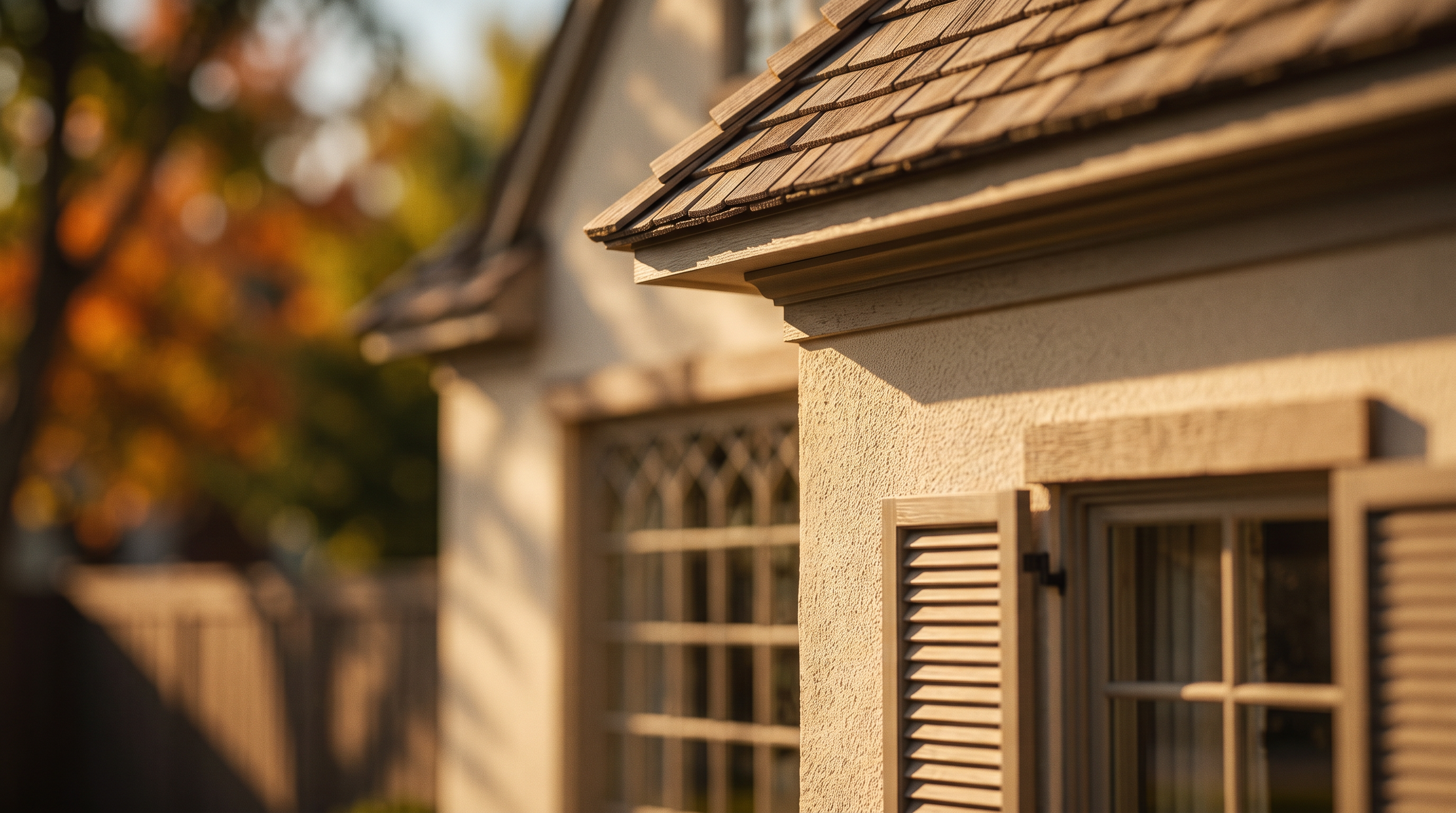 This detail shot focuses on the high-quality stucco siding, decorative window shutters, and the intricate roofline of a residential exterior. The warm, golden-hour lighting emphasizes the rich texture of the building materials and the elegant trim work. The composition suggests a well-maintained property with classic architectural charm.