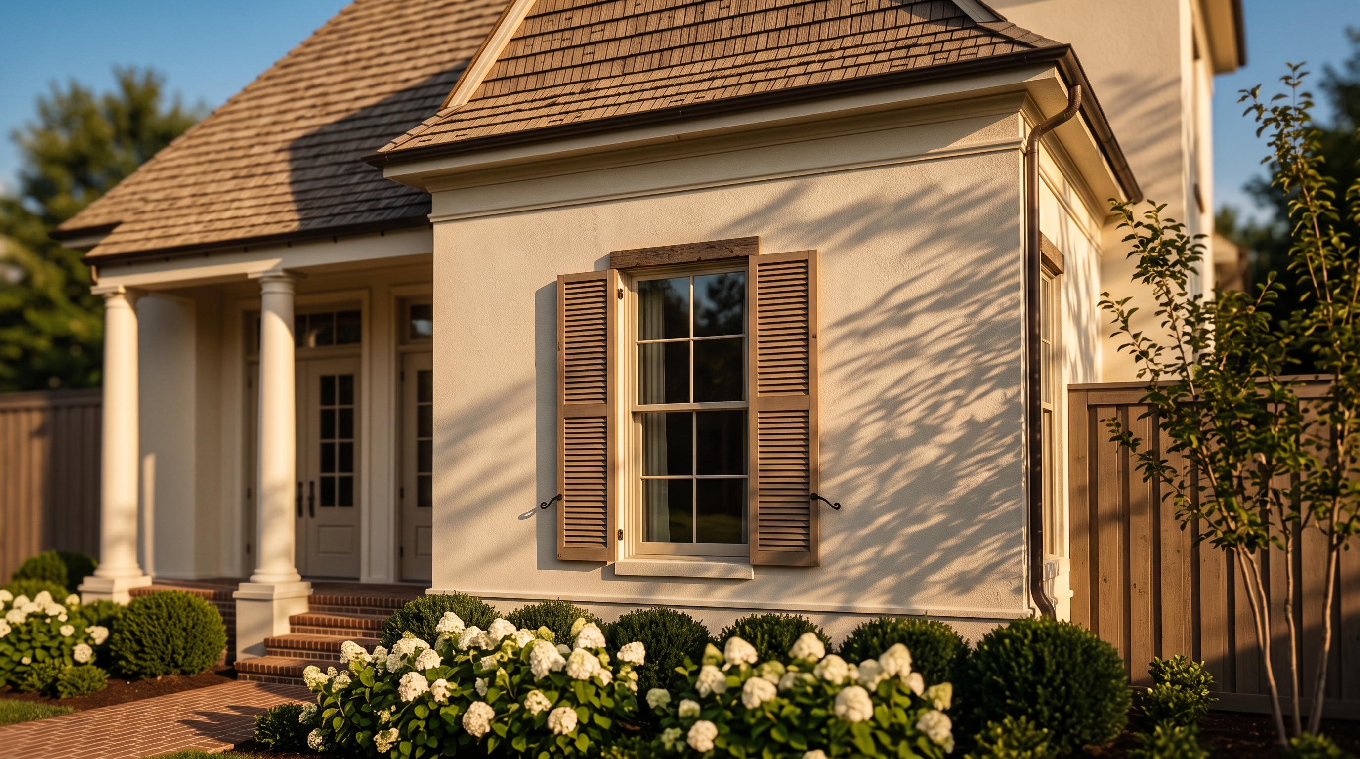 This charming single-story residence features a classic architectural style with light-colored stucco, a wood shake roof, and a symmetrical facade with elegant columns. The front entryway is complemented by neatly manicured landscaping, including blooming hydrangea bushes, and a classic shuttered window. The warm, golden-hour lighting enhances the inviting and well-maintained appeal of the property.