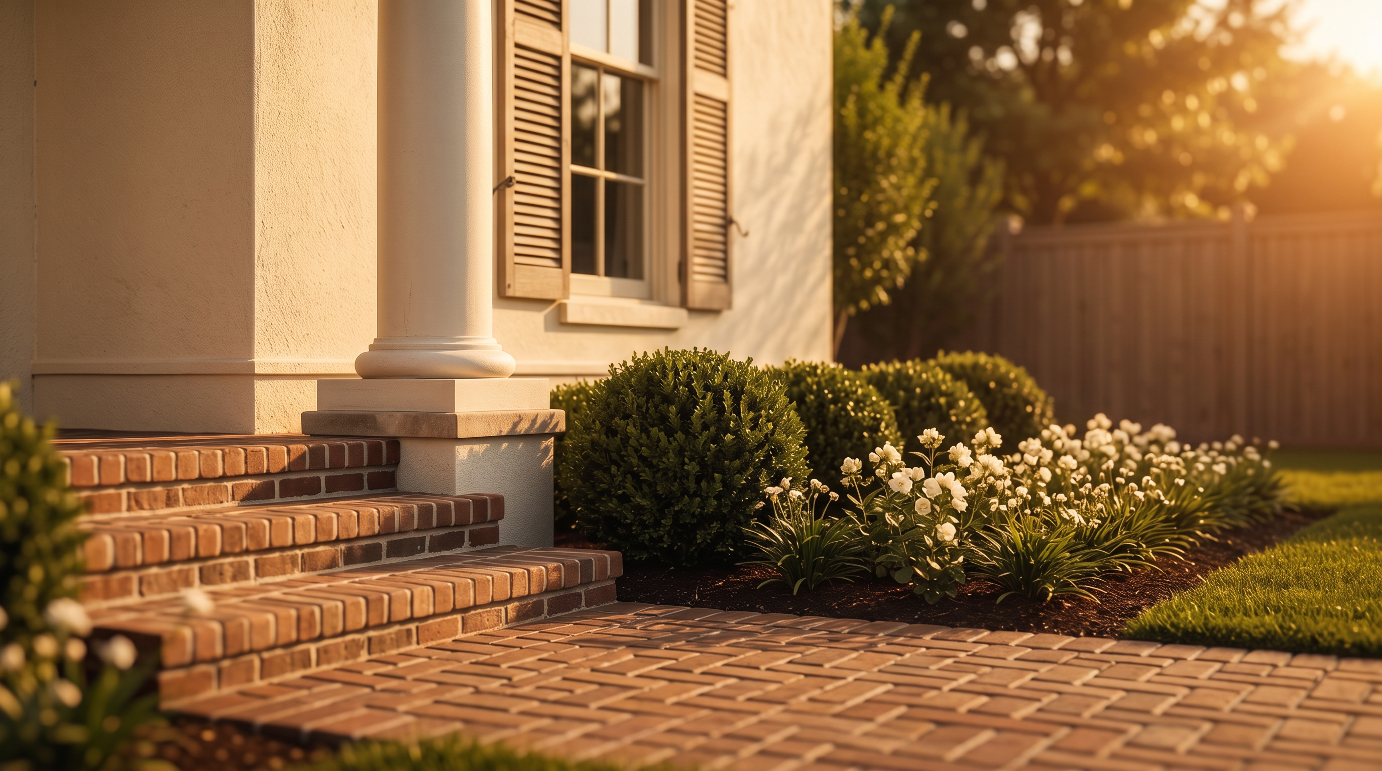 This warm and inviting entryway features classic brick steps leading up to a prominent white column at the entrance of the home. Lush, manicured greenery and delicate white flowers create an appealing landscaped border, complemented by soft, golden hour sunlight. The combination of the brick pathway and clean architectural details suggests a charming and well-maintained exterior aesthetic.