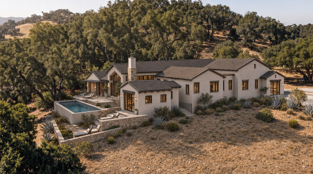 This stunning estate showcases a Mediterranean-inspired architectural style with a light-toned stucco exterior, dark roof tiles, and black-framed windows. The home features a private swimming pool set into a tiered stone patio, perfectly integrated into the lush, rolling landscape of mature trees and arid hillside greenery. The seamless connection between indoor and outdoor living spaces creates an inviting and luxurious atmosphere, characteristic of premium high-end real estate.