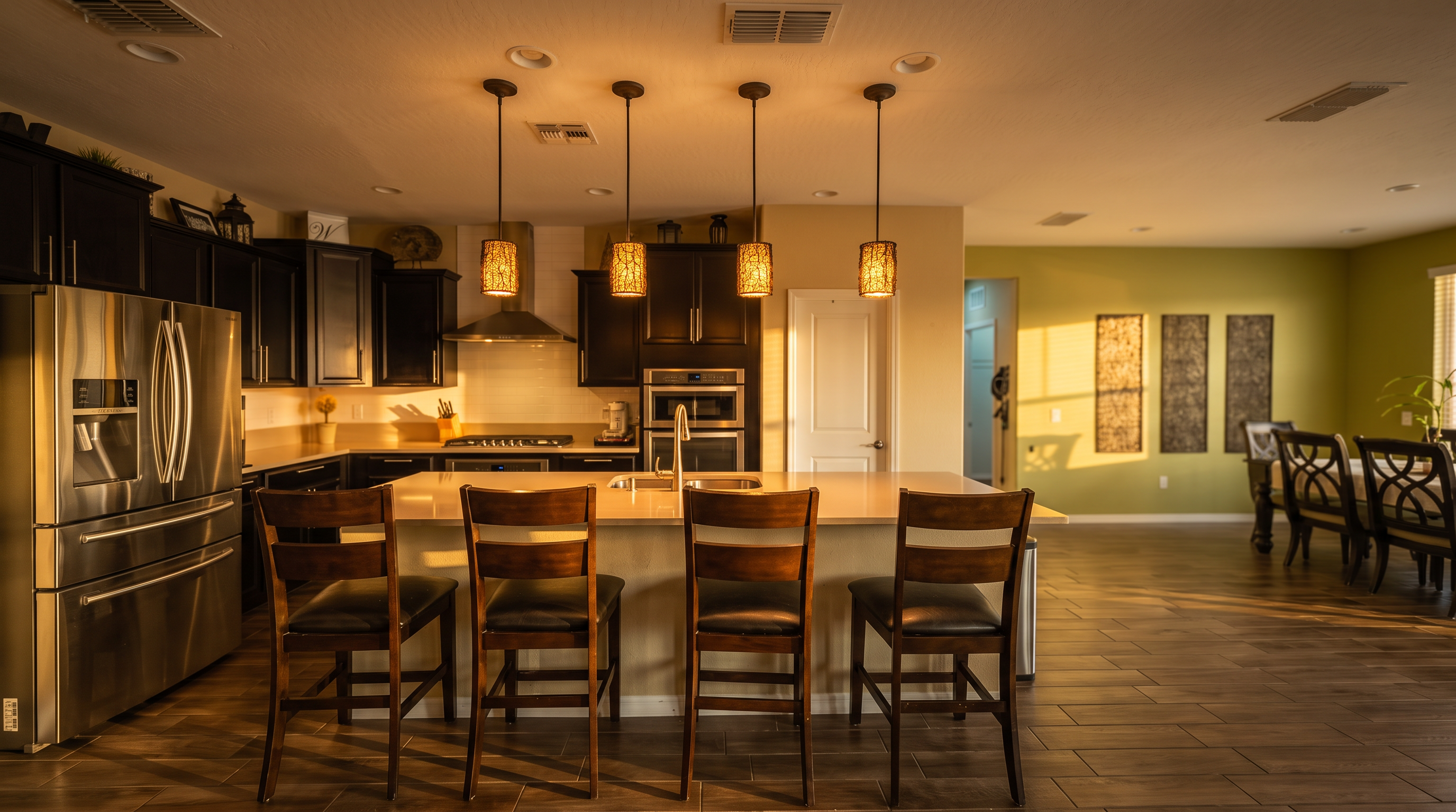 This spacious, open-concept kitchen features dark wood cabinetry, stainless steel appliances, and a large central island with seating for four. Four decorative pendant lights hang above the island, which includes a built-in sink and ample counter space. The room transitions into a dining area with a light green accent wall, creating a bright and inviting atmosphere with wood-look tile flooring throughout.