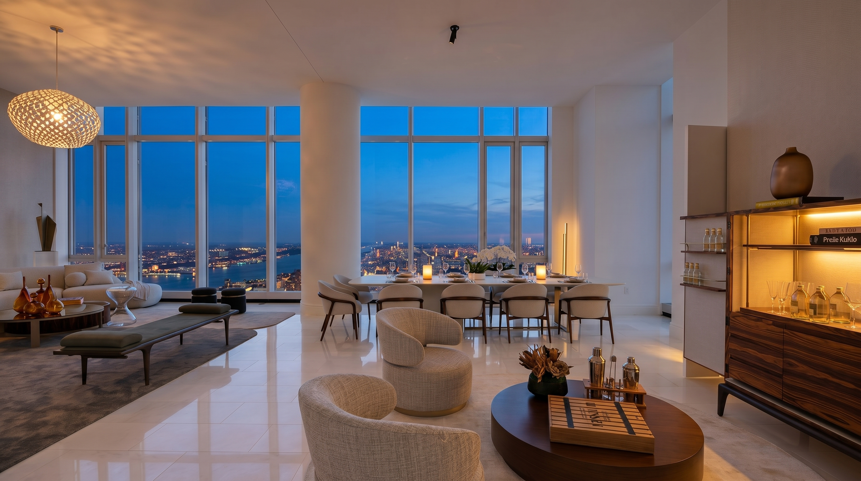 This expansive, open-concept living and dining area features polished white floors and floor-to-ceiling windows that provide panoramic city and water views. The space is furnished with contemporary, curved seating, a low-profile wooden coffee table, and a long dining table, all set against a bright, minimalist backdrop. A sophisticated bar cabinet stands to the right, adding a touch of warmth to the sleek, airy atmosphere.