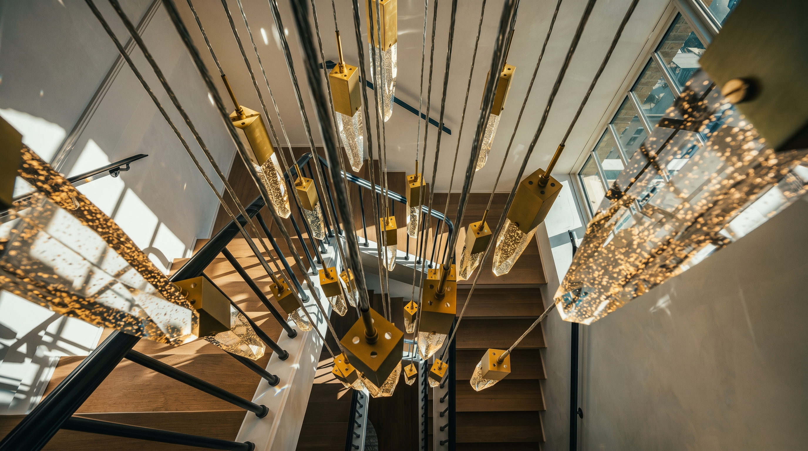 This high-angle, downward-looking perspective captures a dramatic staircase featuring light wood treads and a dark metal railing. A striking, multi-tiered chandelier with numerous crystal-like, textured glass pendants suspended by thin cables serves as the focal point, cascading through the center of the stairwell. The composition emphasizes the verticality and architectural elegance of the home's circulation space.