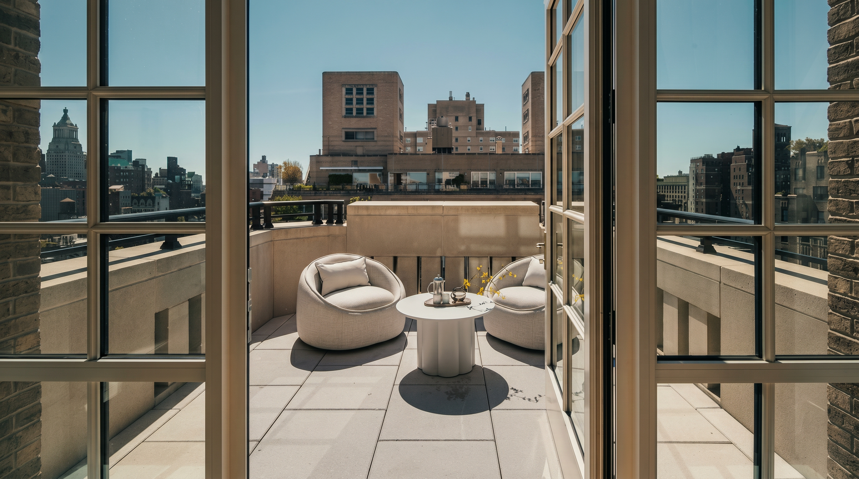 This image captures a view from inside looking out through large glass doors onto a private urban balcony. The outdoor space is furnished with two rounded, light-colored chairs and a small central table, set against a backdrop of city buildings under a clear blue sky. The perspective creates a seamless transition between the interior and the exterior, highlighting the property's desirable outdoor living area.
