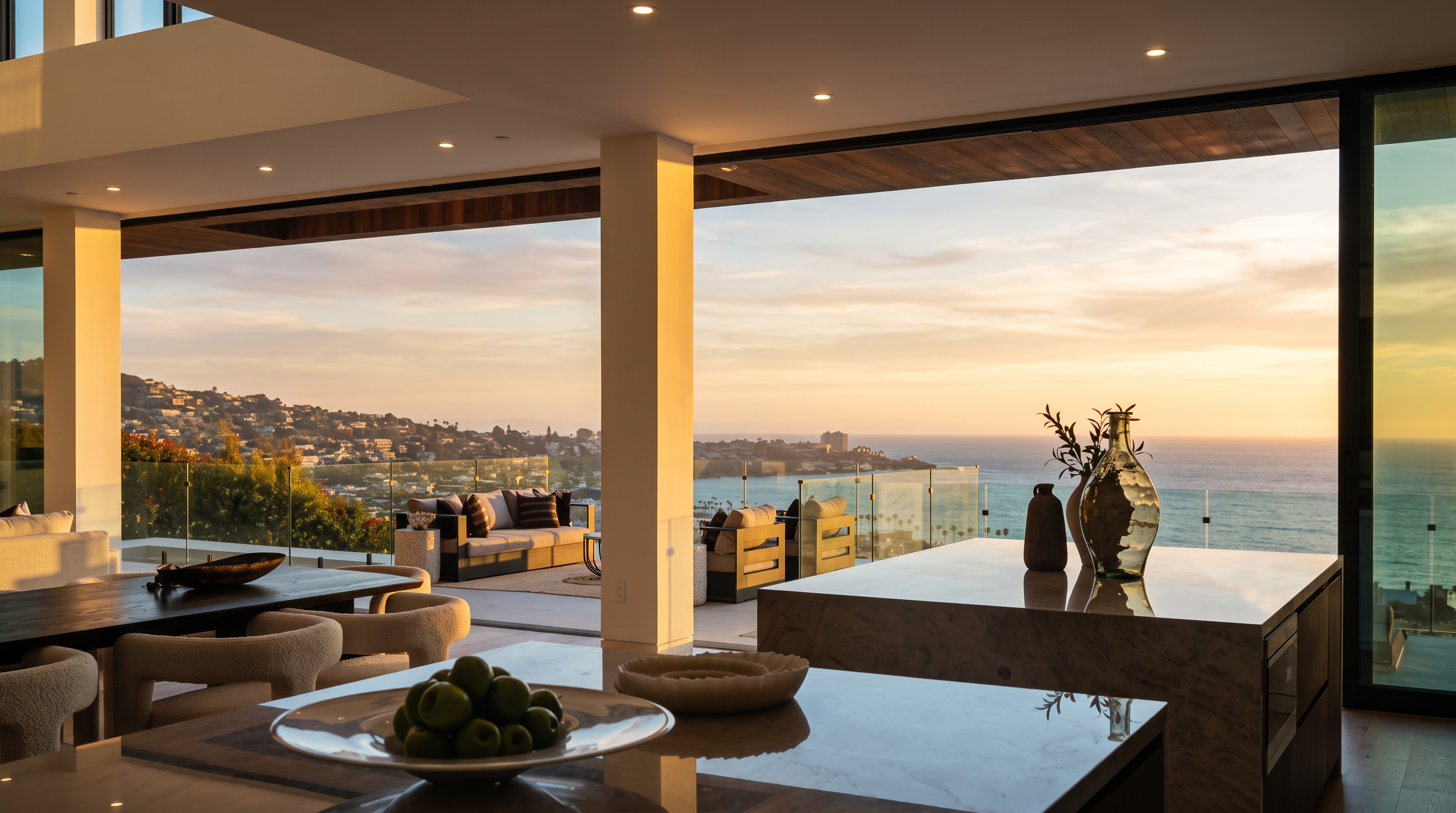 This modern, open-concept kitchen features a large central island with a smooth, light-toned surface and a decorative bowl of fruit. The space seamlessly transitions to an expansive outdoor terrace through floor-to-ceiling glass walls, offering a panoramic view of the coastline and ocean. The interior design is minimalist and sophisticated, emphasizing the connection between the indoor living area and the scenic exterior landscape.