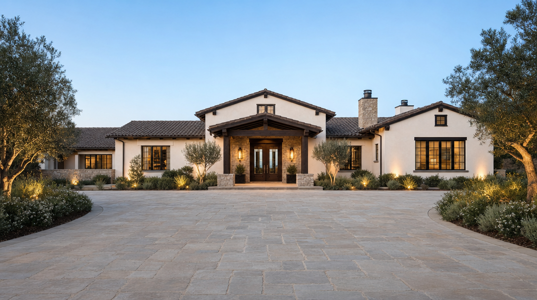 This elegant Mediterranean-style single-story estate features a neutral stucco facade with rustic stone accents and dark wood trim. A prominent covered entryway serves as the focal point, complemented by a spacious, impeccably paved stone driveway and lush, manicured landscaping. The warm ambient lighting and balanced architectural design create an inviting and sophisticated curb appeal.