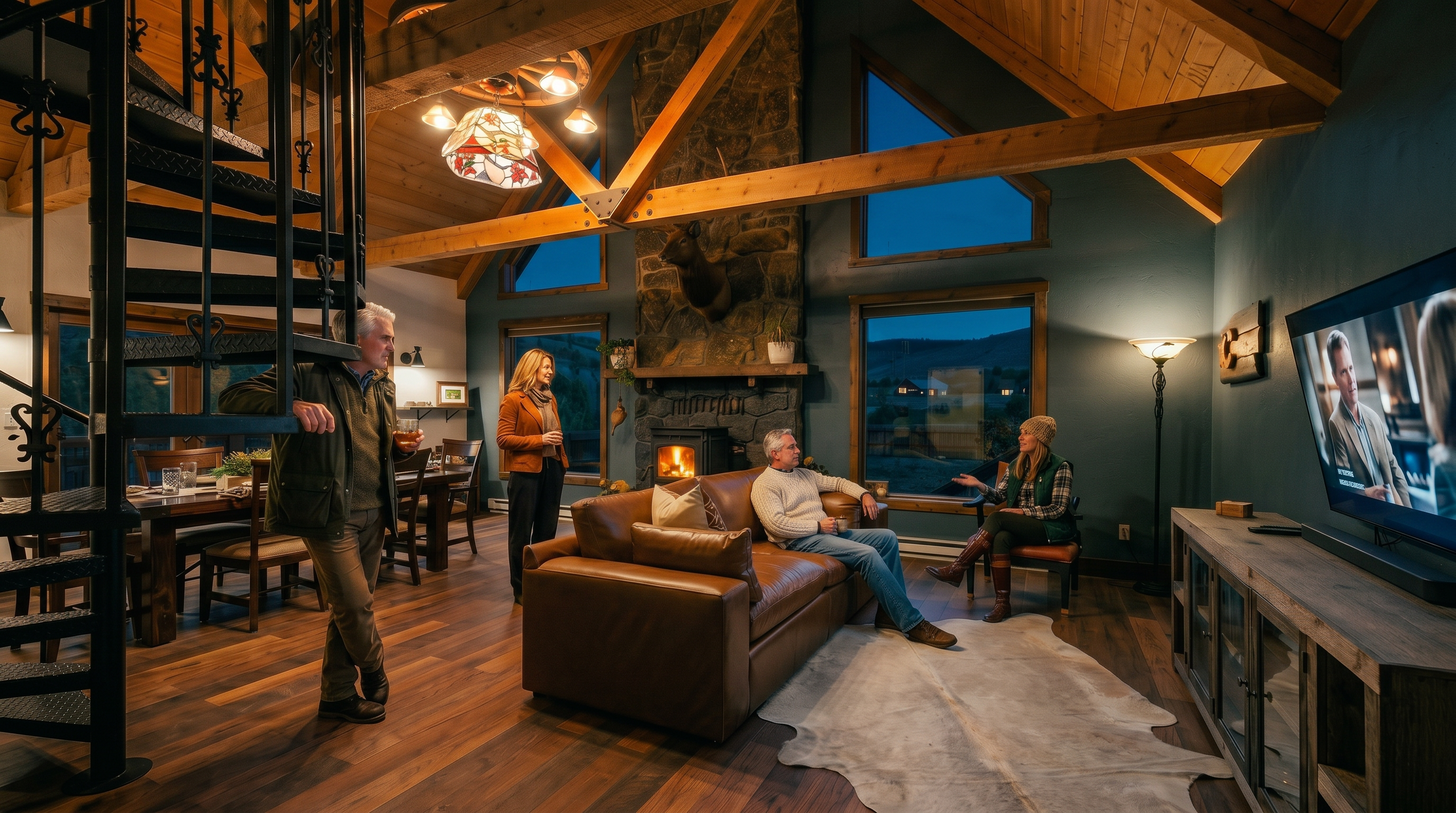 This open-concept living area features a rustic aesthetic with exposed timber beams, a stone-clad chimney breast, and dark wood flooring. A leather sofa sits atop a hide rug, facing a television console, while a spiral staircase and a dining area are visible to the left. Large windows provide abundant natural light and expansive views of the surrounding landscape, creating a warm and inviting mountain-lodge atmosphere.