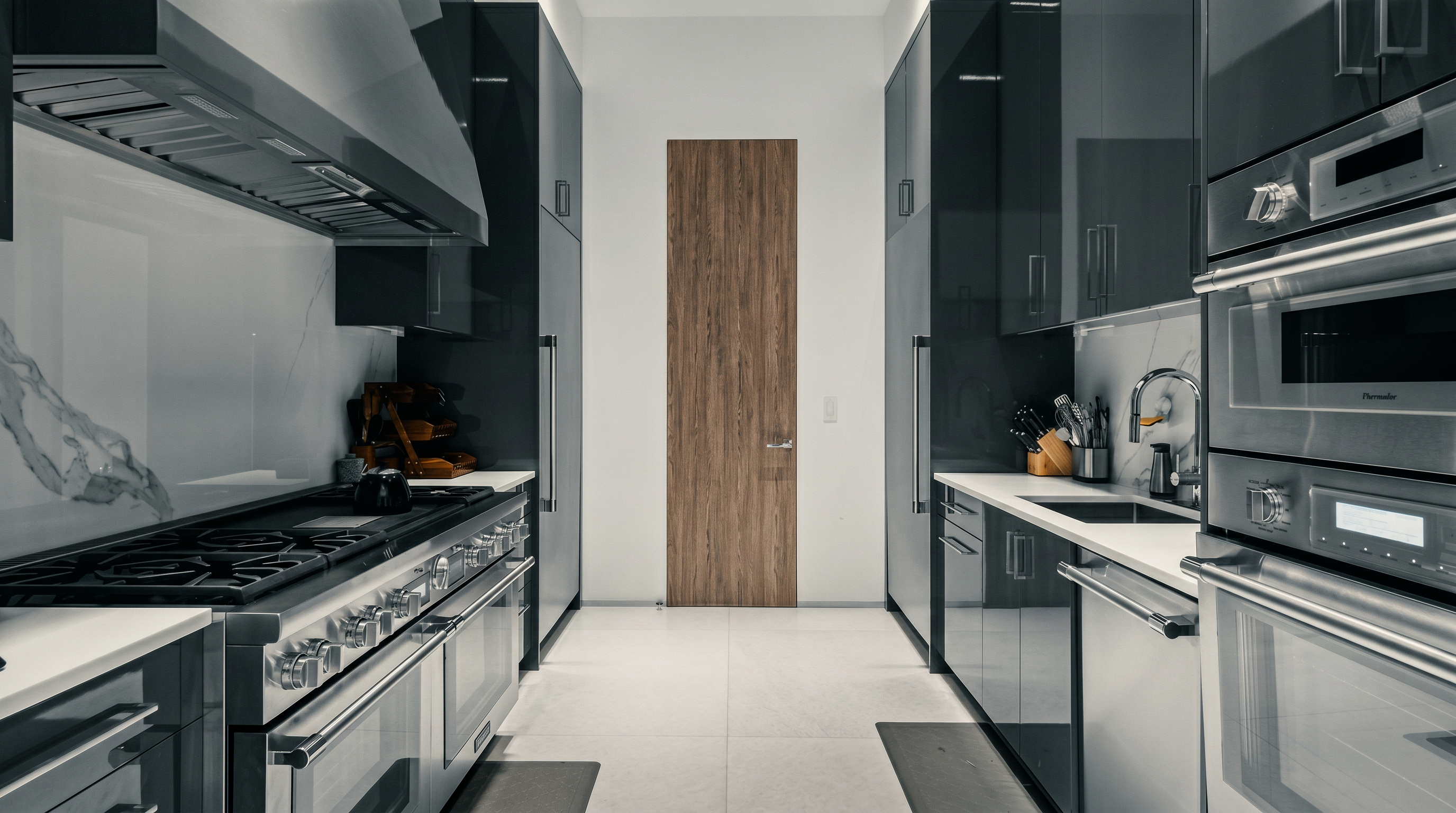 This sleek, galley-style kitchen features high-gloss dark cabinetry contrasted by bright white countertops and a light-toned wood door at the far end. The space is equipped with professional-grade stainless steel appliances, including a large gas range with a matching hood and a built-in wall oven unit. The perspective is centered, highlighting the symmetrical layout and the clean, modern aesthetic of the room.