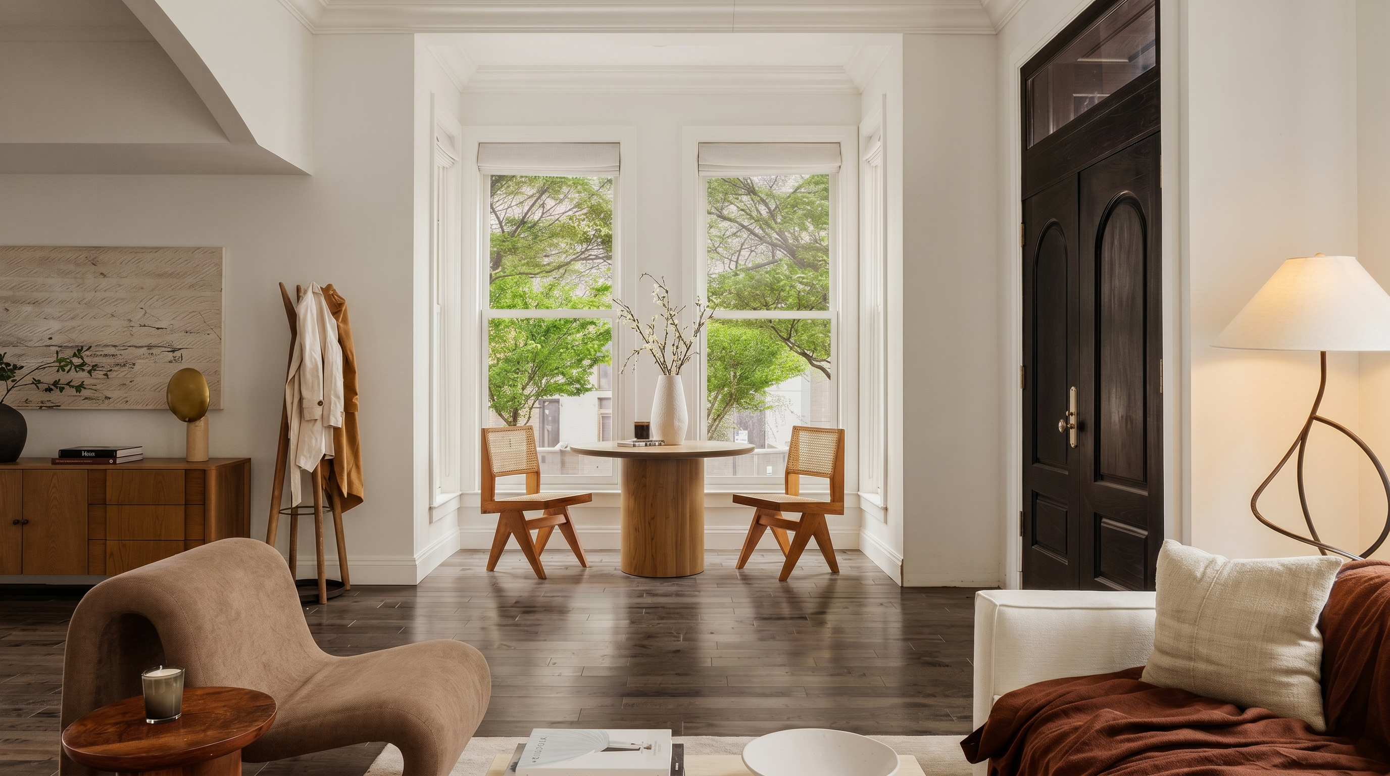 This elegant living room features a sophisticated, neutral color palette with warm wood tones and rich textures, creating a serene and inviting atmosphere. A central dining nook with a round wooden table and cane-back chairs sits before large windows, while a plush, curved armchair and a cozy sofa define the lounge area. The space is accented by curated decor, including art books and a minimalist floor lamp, all set against dark hardwood floors that ground the bright, airy aesthetic.