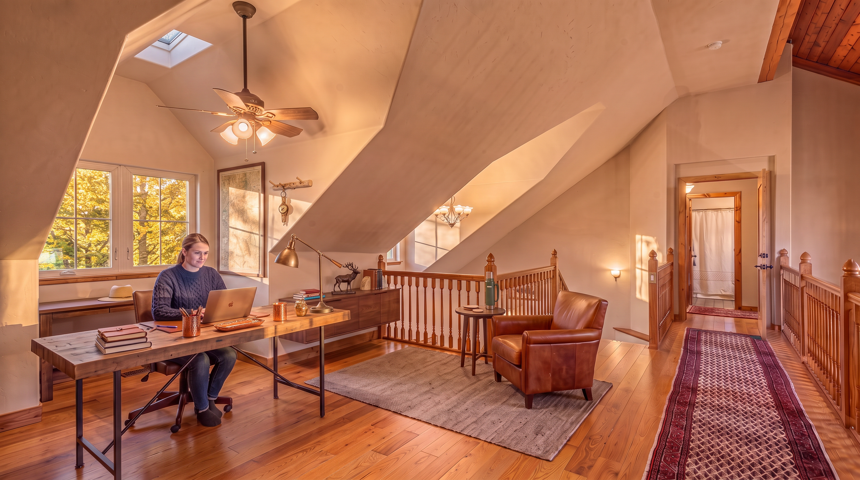 This loft area serves as a functional home office space, characterized by a unique vaulted ceiling design and hardwood flooring throughout. A wooden privacy screen separates the workspace from the open, railed mezzanine that overlooks the lower level, while a hallway leads to an adjacent room. The aesthetic combines traditional wood elements with a spacious, architectural feel suitable for a multipurpose landing or study.