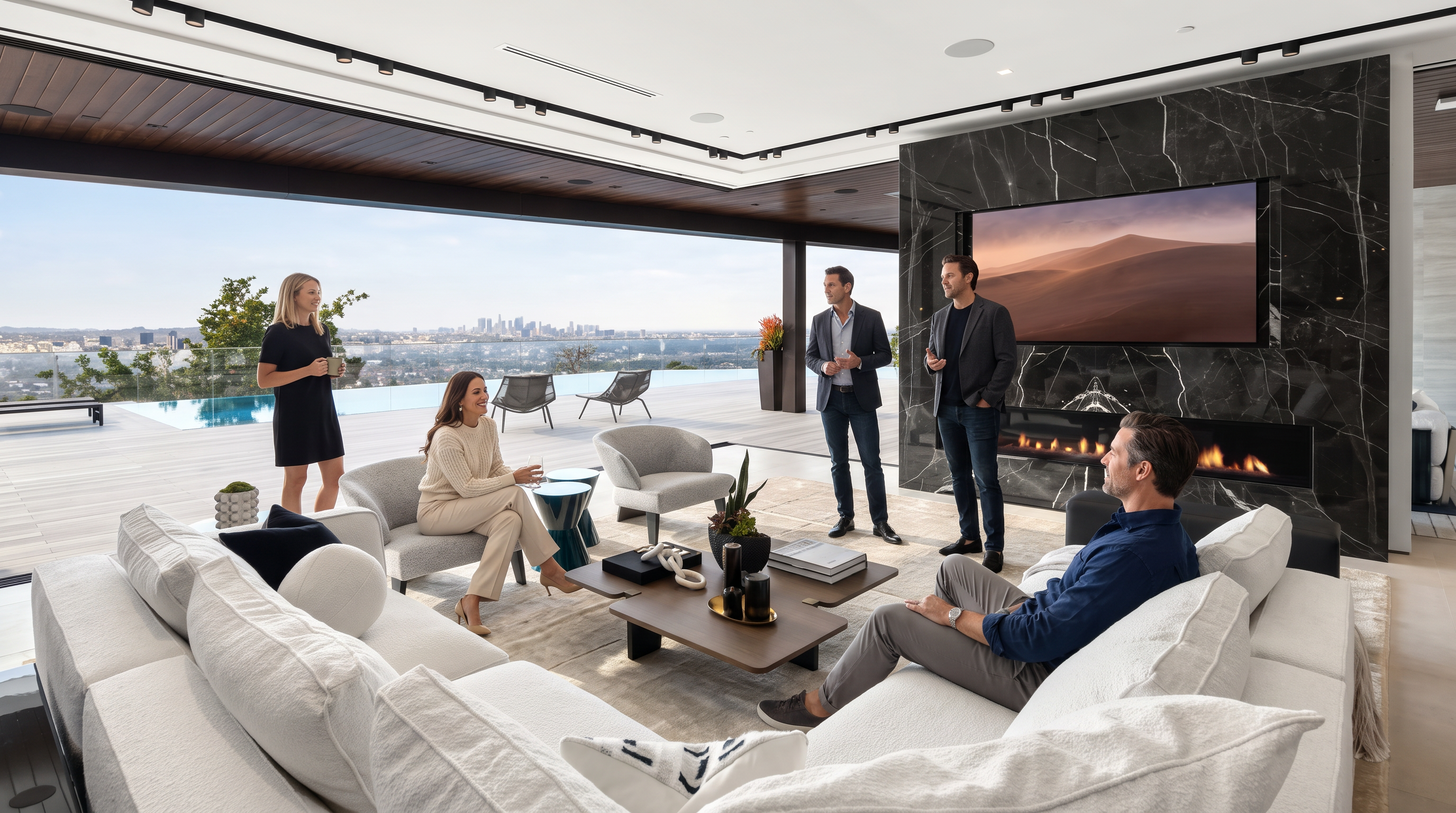 This sophisticated, open-concept living area features a dramatic floor-to-ceiling black marble fireplace wall with an integrated television and modern linear firebox. The space seamlessly transitions to a sprawling outdoor deck with a private pool, offering breathtaking, unobstructed panoramic views of the city skyline. With its high-end furnishings, recessed lighting, and expansive glass walls, the room embodies luxury contemporary design, ideal for both comfortable living and grand entertaining.