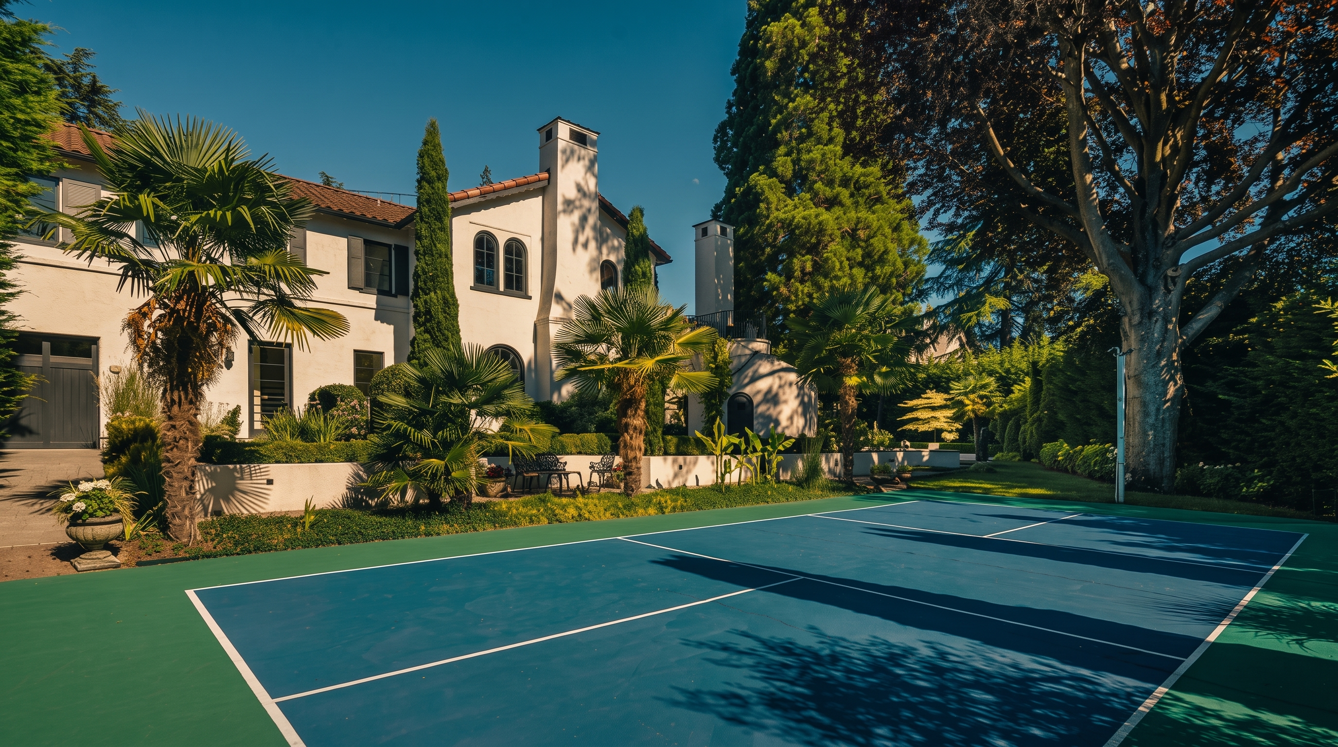 This expansive outdoor space features a vibrant blue tennis court set against the backdrop of a large, Mediterranean-style estate with white stucco walls and a tiled roof. The property is surrounded by lush greenery, including mature trees and manicured hedges, creating a private and serene atmosphere. The perspective is from the edge of the court, looking toward the house, highlighting the seamless integration of recreational amenities and elegant residential architecture.