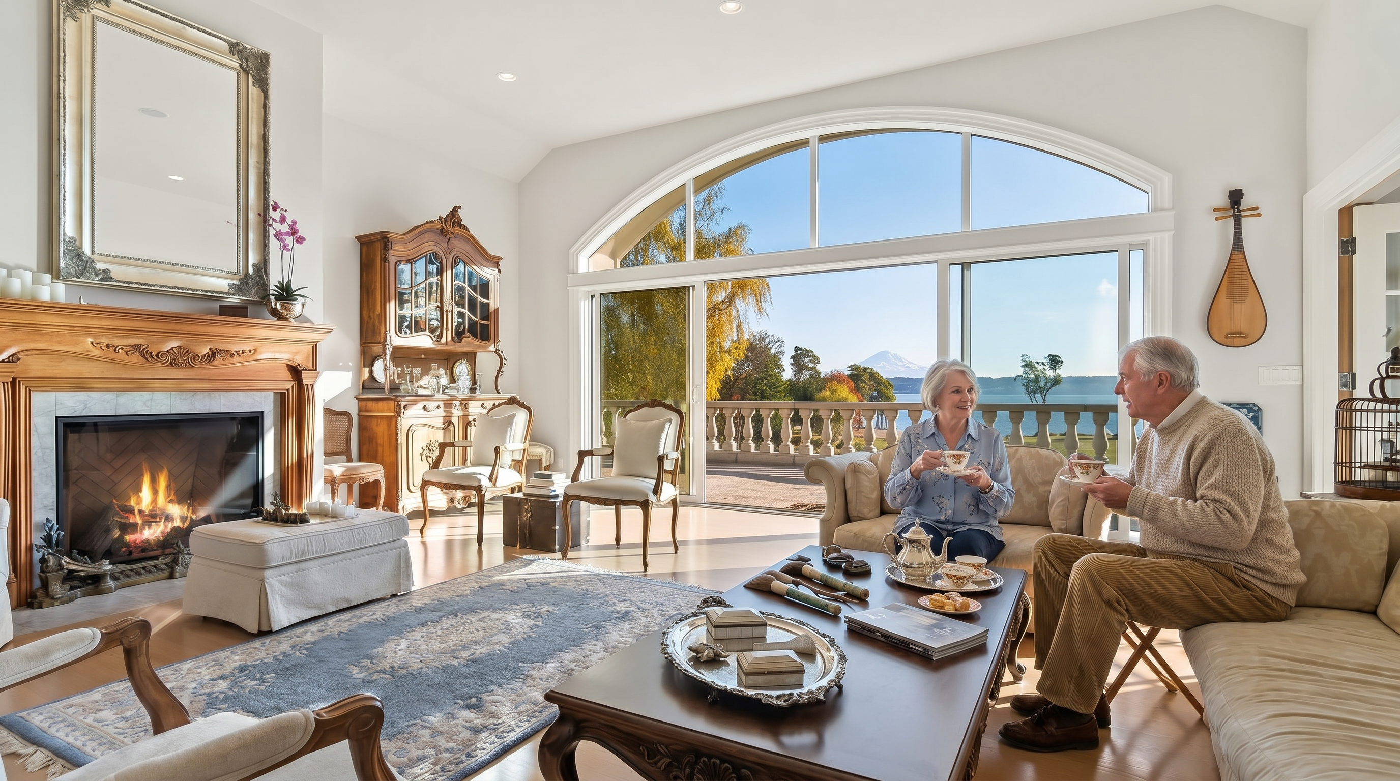 This elegant living room features a warm wood-burning fireplace with a decorative mantel and a large, ornate mirror above it. A spacious seating area is anchored by a patterned rug and a dark wood coffee table, while a large arched window provides a stunning view of the water and distant mountains. The room is filled with natural light, creating an inviting and sophisticated atmosphere.