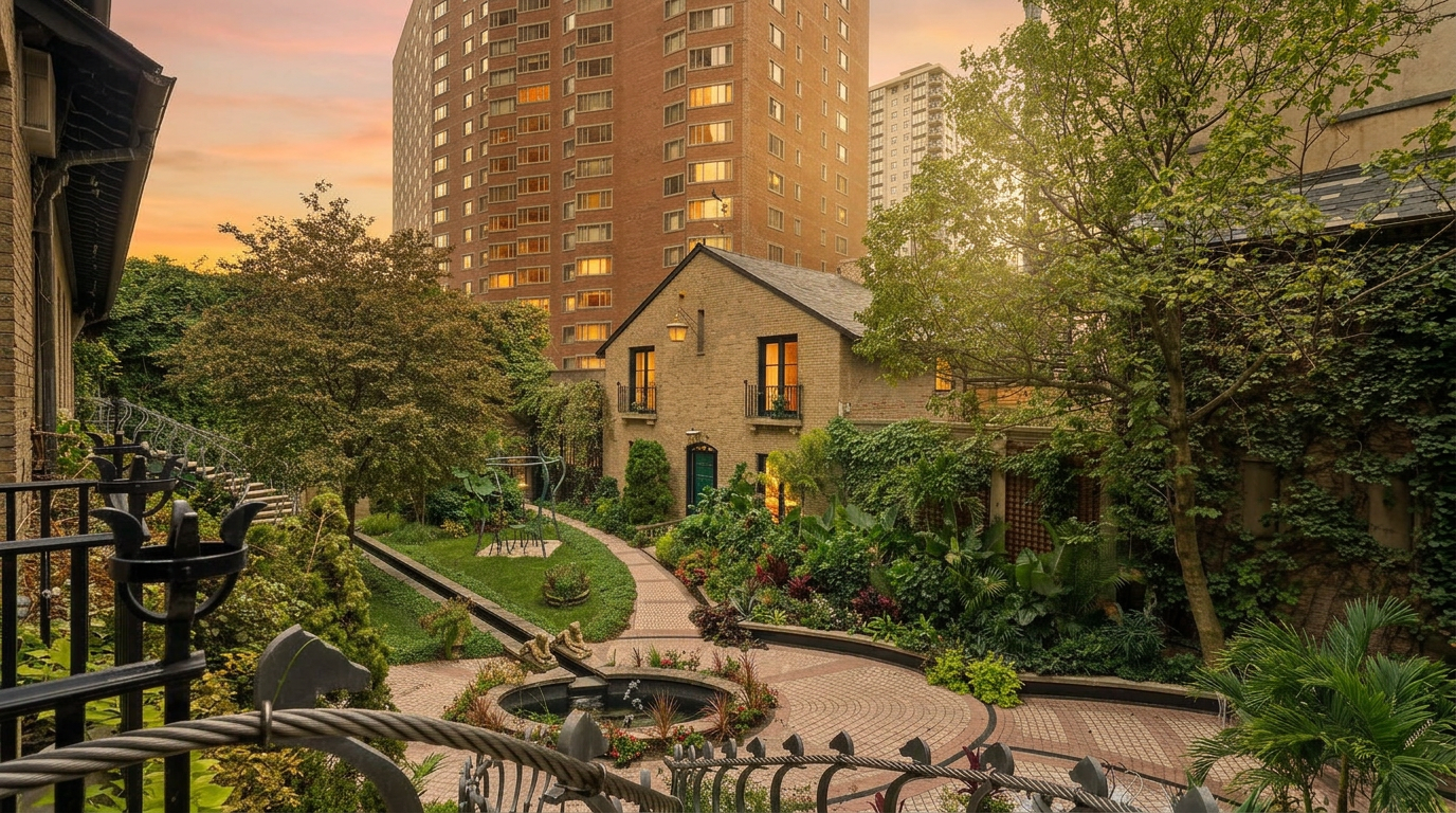 This elevated perspective captures a lush, private garden oasis nestled between a historic brick building and a towering urban high-rise. The scene features a winding stone pathway, a central circular fountain, and dense, mature landscaping that creates a secluded atmosphere. The view is framed by an ornate wrought-iron railing in the foreground, emphasizing the transition from a private balcony to the serene outdoor space below.