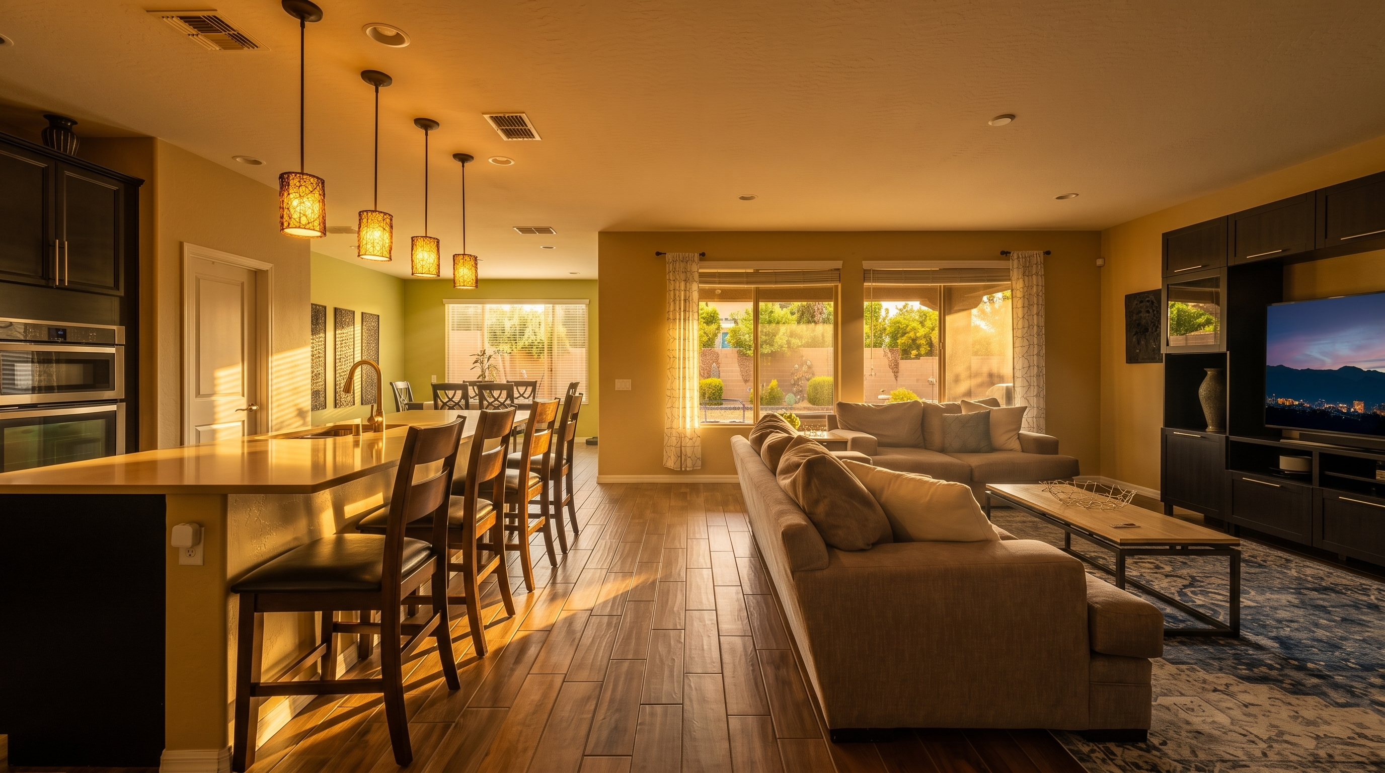 This open-concept living space features a seamless transition from a modern kitchen with a large island and pendant lighting to a comfortable living area. The room is anchored by a large, patterned area rug and a neutral-toned sectional sofa, complemented by a dark wood entertainment center housing a television. Large windows with blinds allow natural light to fill the space, highlighting the wood-look tile flooring that runs throughout the entire area.