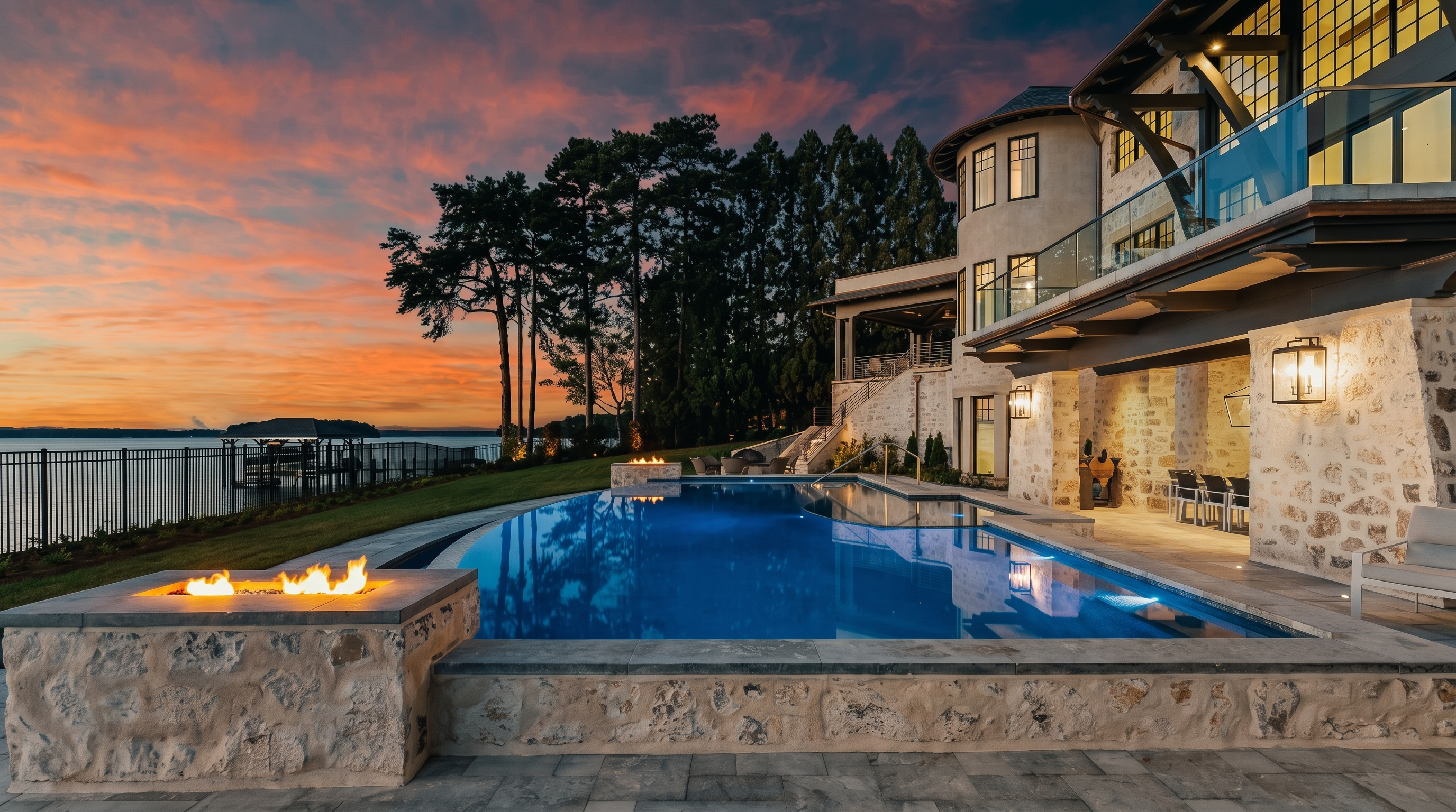 This stunning rear exterior view captures a luxurious infinity-edge pool overlooking a serene lake at sunset. The home features a sophisticated stone facade, a covered patio area with outdoor seating, and a fire feature integrated into the pool's stone surround. The cinematic perspective highlights the seamless transition between the elegant architecture and the natural waterfront landscape.