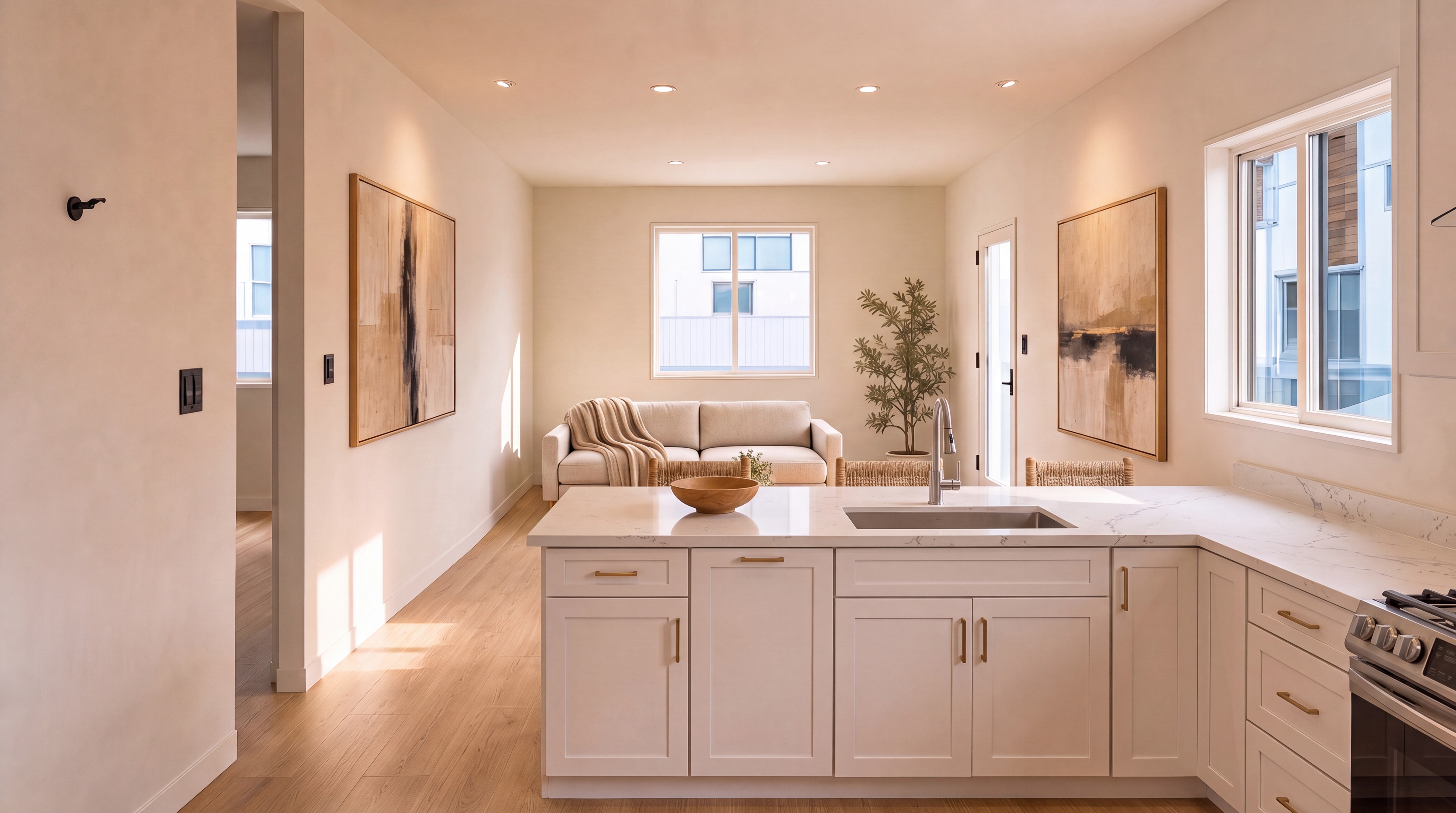 This bright, contemporary open-concept space seamlessly blends a modern kitchen with a cozy living area. Features include white cabinetry with gold hardware, a spacious quartz island with an undermount sink, and light oak flooring. Neutral tones and thoughtful artwork create an inviting and cohesive atmosphere perfect for modern living.
