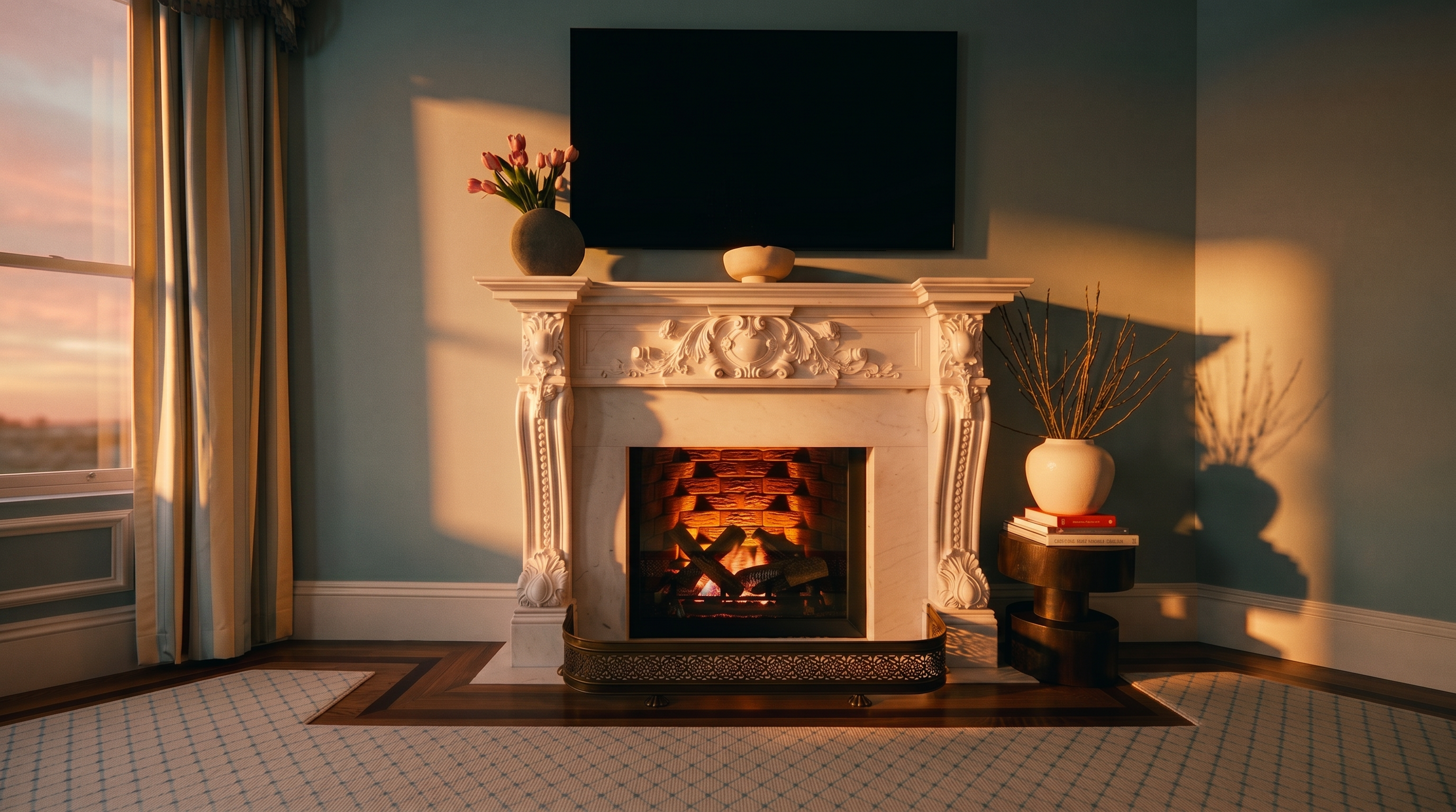 This elegant living room features a prominent white stone fireplace with intricate carved detailing, serving as the focal point of the space. A flat-screen television is mounted above the mantel, which is adorned with a simple bowl and a vase of pink tulips. The room is finished with light blue walls, patterned carpeting, and a decorative brass fireplace screen, creating a sophisticated and cozy atmosphere.