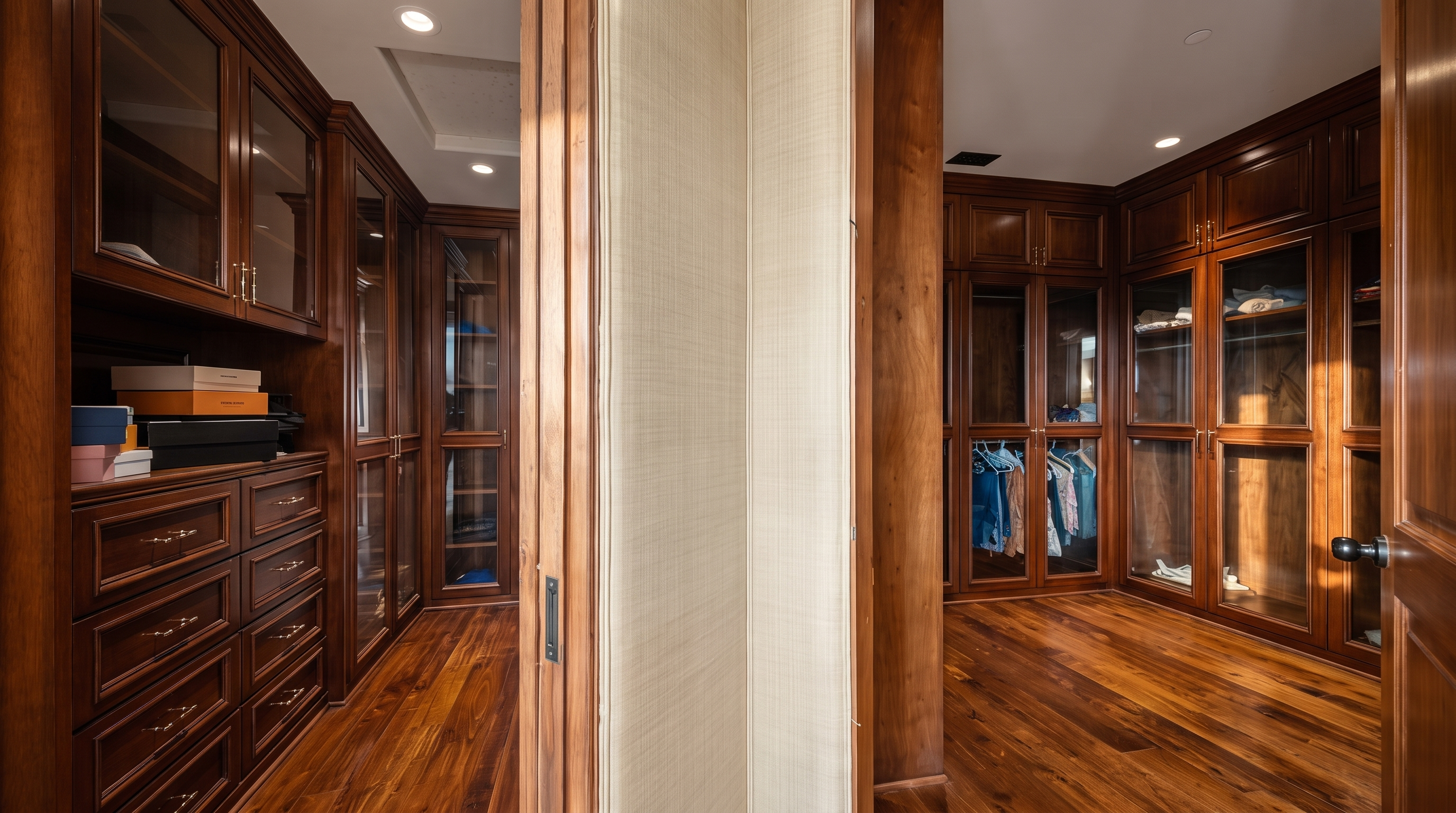 This spacious walk-in closet features rich, dark wood cabinetry with glass-fronted doors and integrated lighting, creating a sophisticated and organized storage environment. The room is finished with warm-toned wood flooring and a neutral wall partition that separates the two distinct sections of the closet. The perspective looks through a doorway, highlighting the extensive custom shelving and hanging space available in this high-end dressing area.