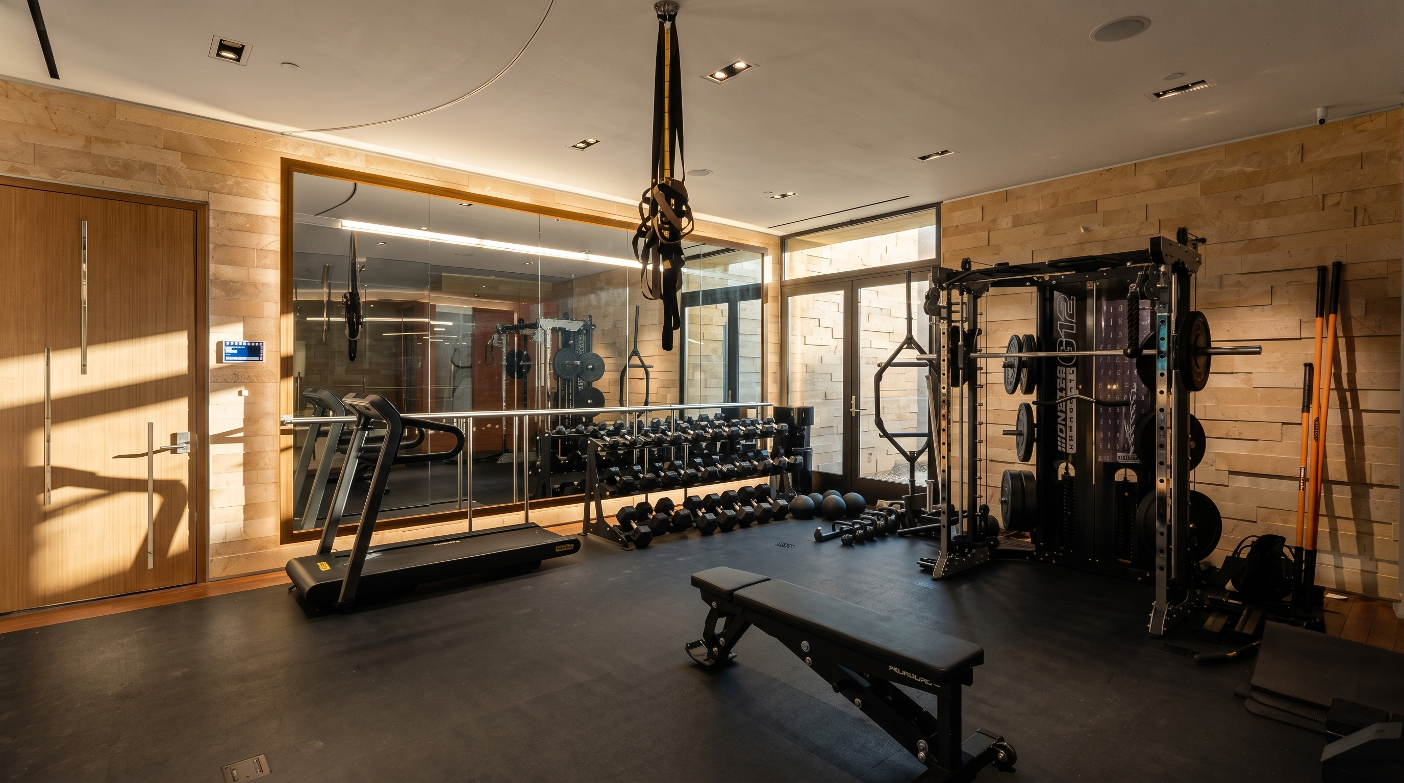 This professional-grade home gym features a sleek, modern design with light-toned stone wall cladding and dark rubber flooring. The space is equipped with a comprehensive power rack, a weight bench, a treadmill, and a rack of dumbbells, all reflected in a large wall mirror. Recessed lighting and a suspended suspension training system complete the high-end fitness environment.