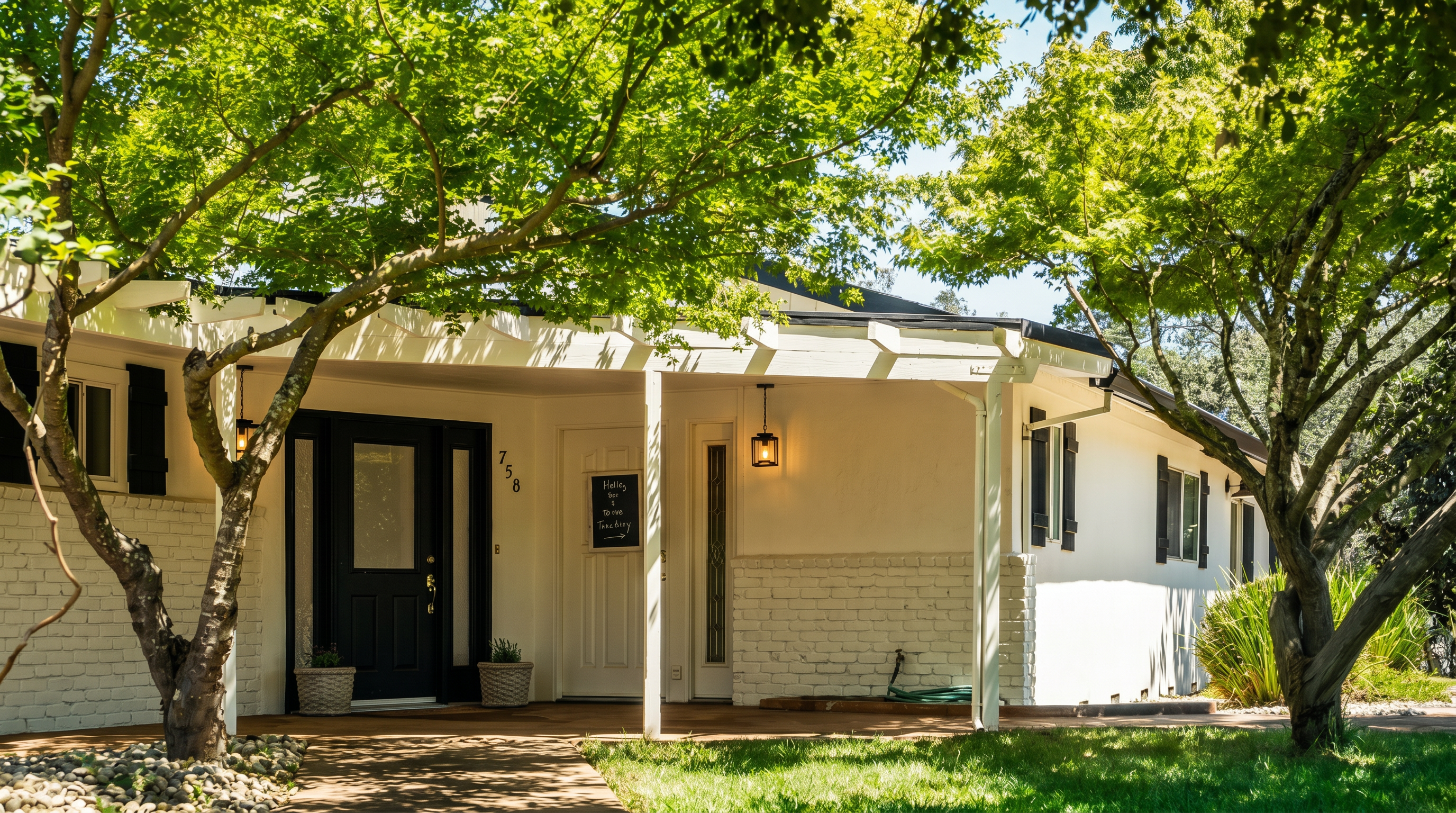 This charming single-story home features a white-painted brick facade and a welcoming covered porch area. The entrance is highlighted by a dark-framed front door and a secondary door with a decorative sign, all sheltered by a wooden pergola-style roof structure. Mature trees frame the house, casting dappled sunlight across the front yard and walkway, creating a warm and inviting curb appeal.