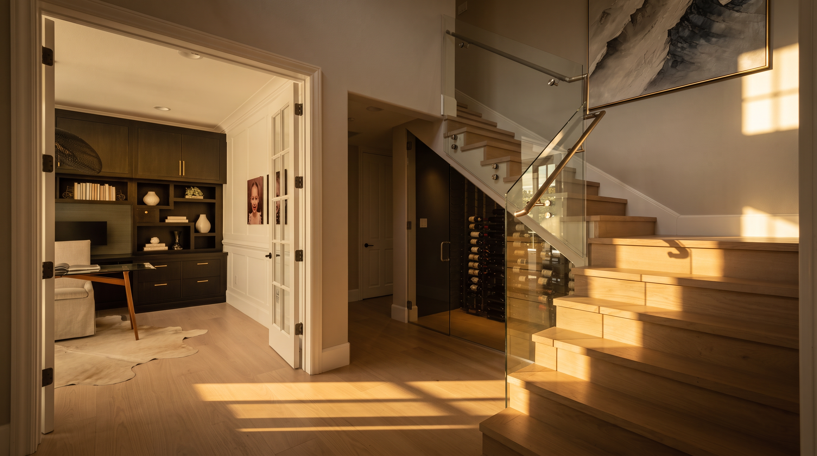 This bright, modern entryway features light wood flooring and a striking staircase with glass railings and open-riser steps. To the left, a home office is visible through double glass-paneled doors, while a glass-enclosed wine cellar is tucked neatly beneath the staircase. The space is accented by a large piece of abstract art on the wall, creating a sophisticated and open architectural flow.