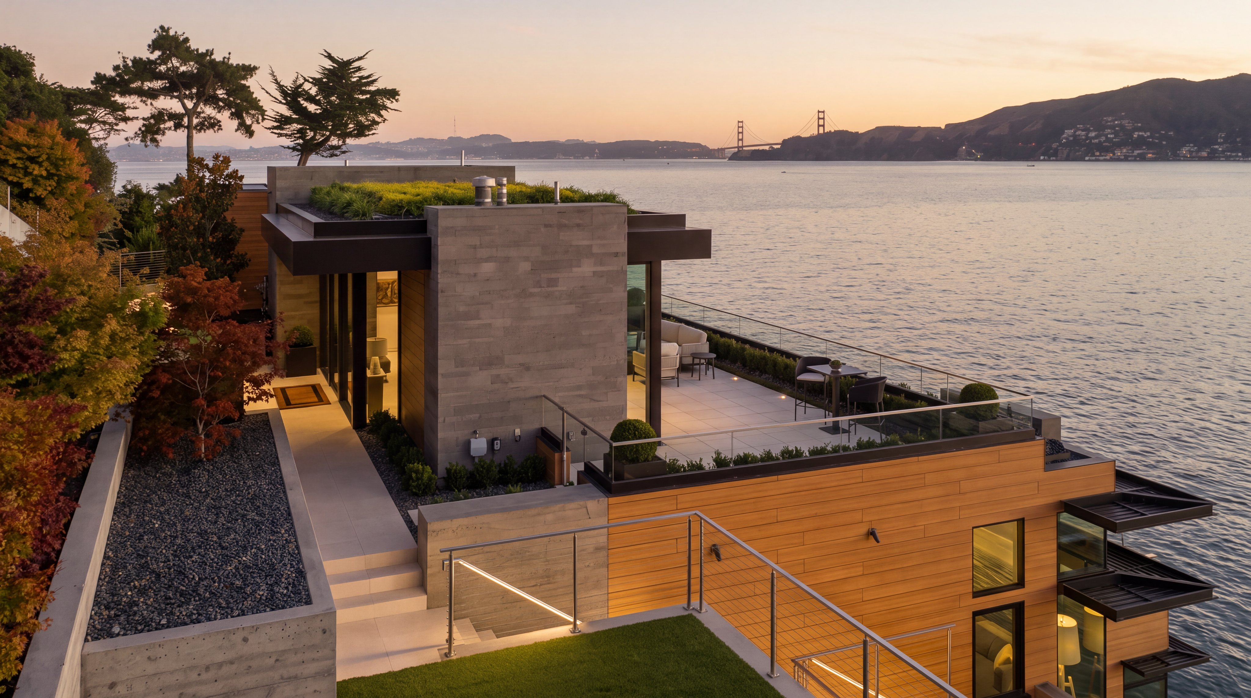 This high-angle aerial view captures a sophisticated modern residence perched on a waterfront cliff at dusk. The home features a green roof, clean geometric lines, and expansive outdoor terraces that overlook the bay and the distant Golden Gate Bridge. The composition highlights the seamless integration of contemporary architecture with the natural landscape, illuminated by warm, inviting exterior lighting.