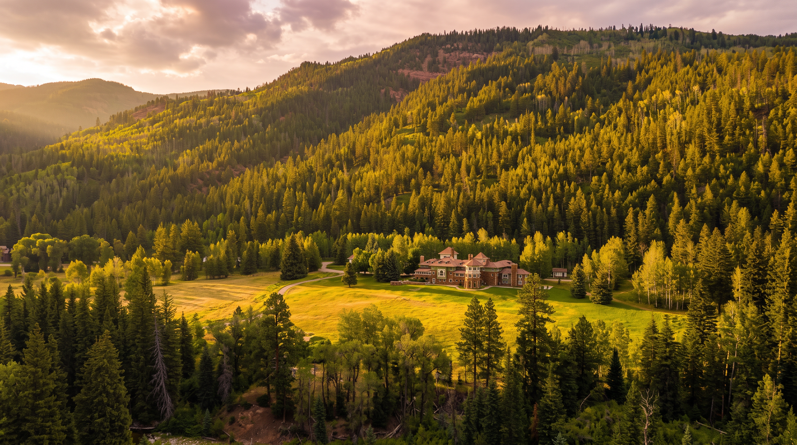 This wide-angle aerial shot captures a grand, multi-story estate nestled within a lush, expansive mountain valley. The property features a sprawling lawn surrounded by dense evergreen forests and dramatic, tree-covered slopes that rise into the background. A winding driveway leads through the meadow toward the residence, which showcases traditional architectural elements and a prominent roofline.