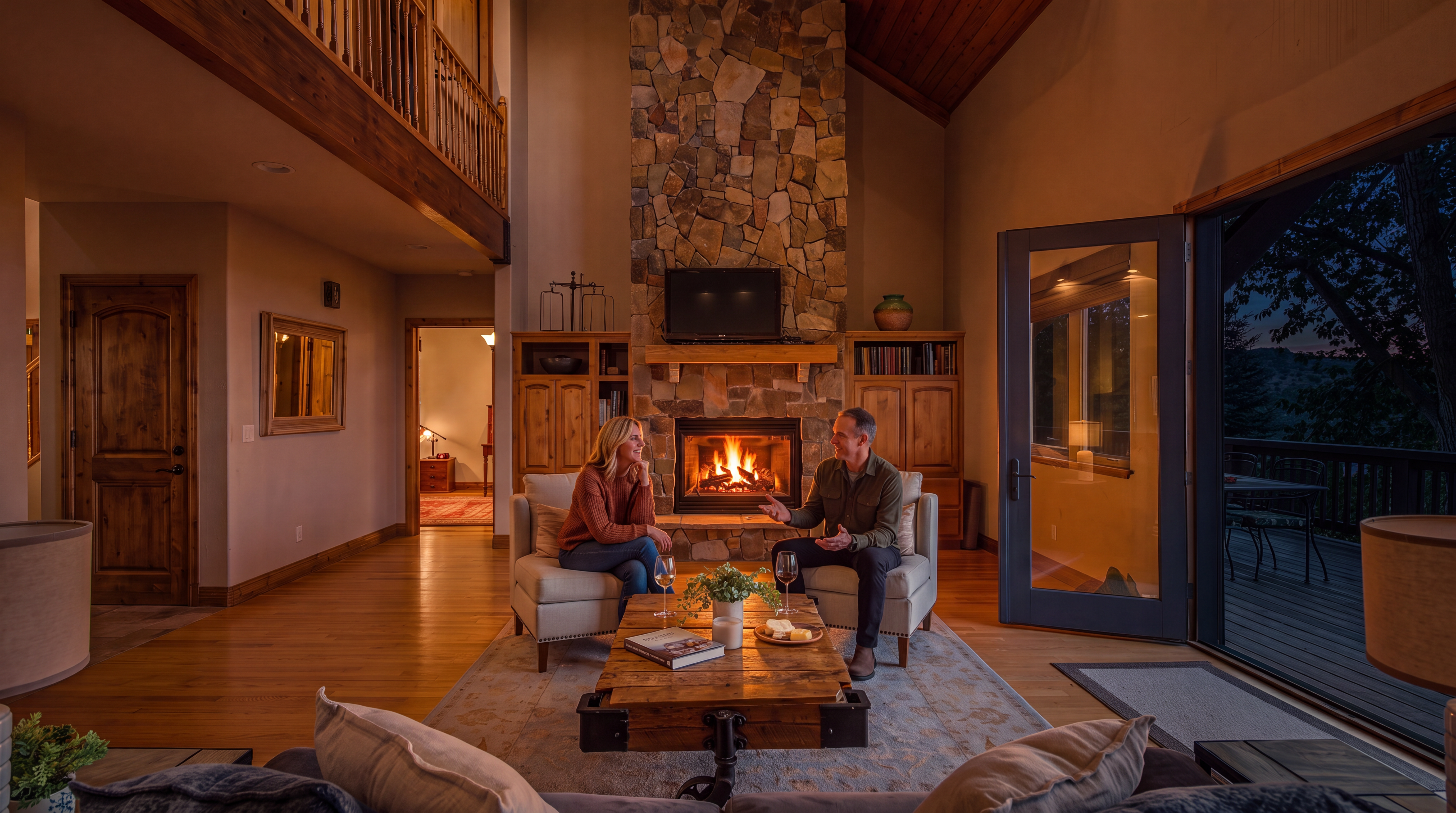 This spacious, open-concept living room features vaulted ceilings with exposed wood beams and a stunning floor-to-ceiling stone fireplace as its focal point. The room is anchored by a rustic wooden coffee table and two elegant cream armchairs, while large glass doors provide seamless access to a balcony with scenic nature views. Natural wood finishes, warm lighting, and a neutral rug create a cozy, inviting atmosphere perfect for relaxation.