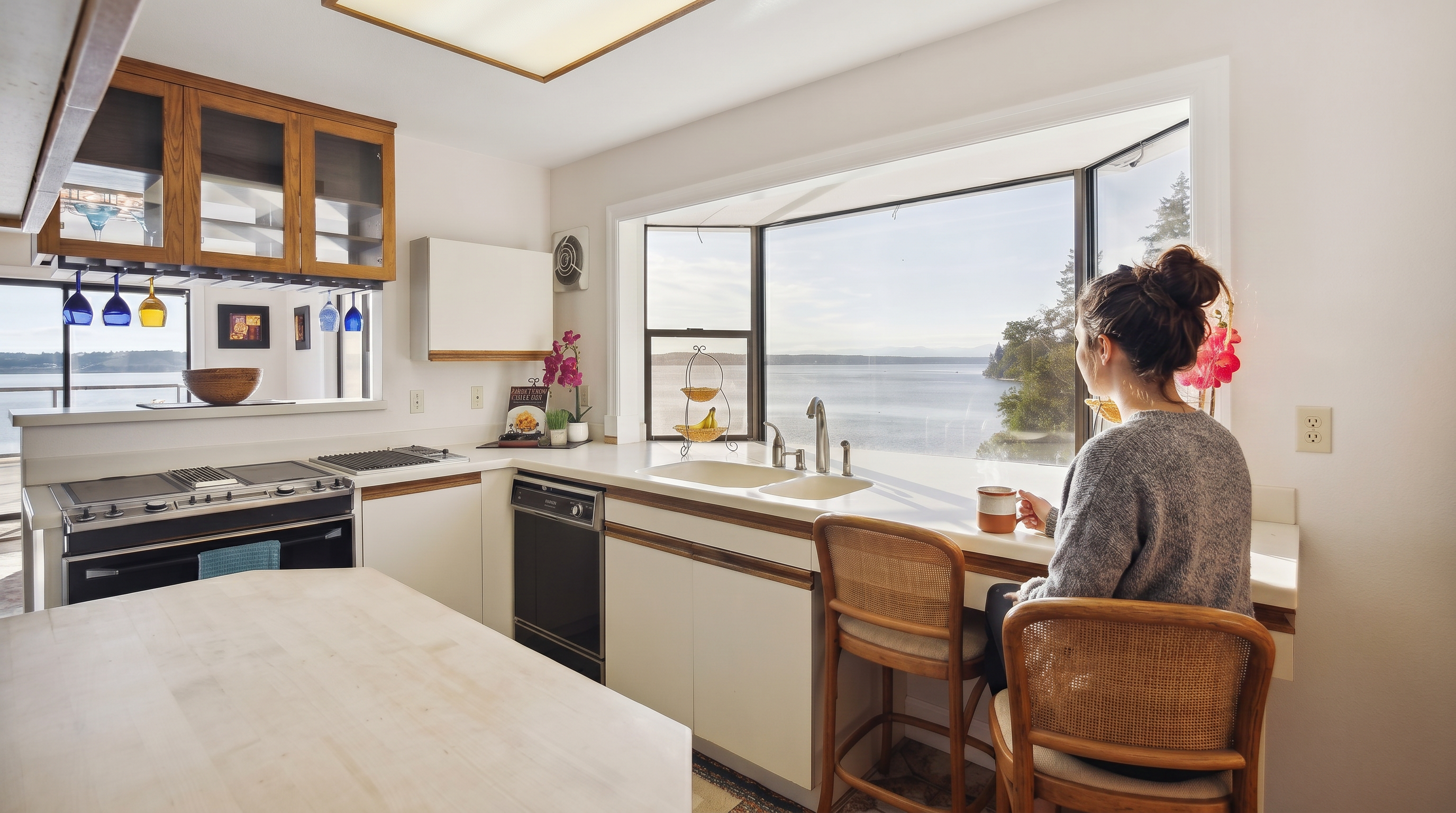 This kitchen features a U-shaped layout with light-toned cabinetry and a large island, centered around a prominent bay window that frames a scenic water view. The space includes a built-in cooktop, a double sink, and a breakfast bar area with two woven stools, creating a bright and inviting atmosphere. The perspective is from the kitchen island looking toward the window, highlighting the seamless integration of the interior space with the natural landscape outside.