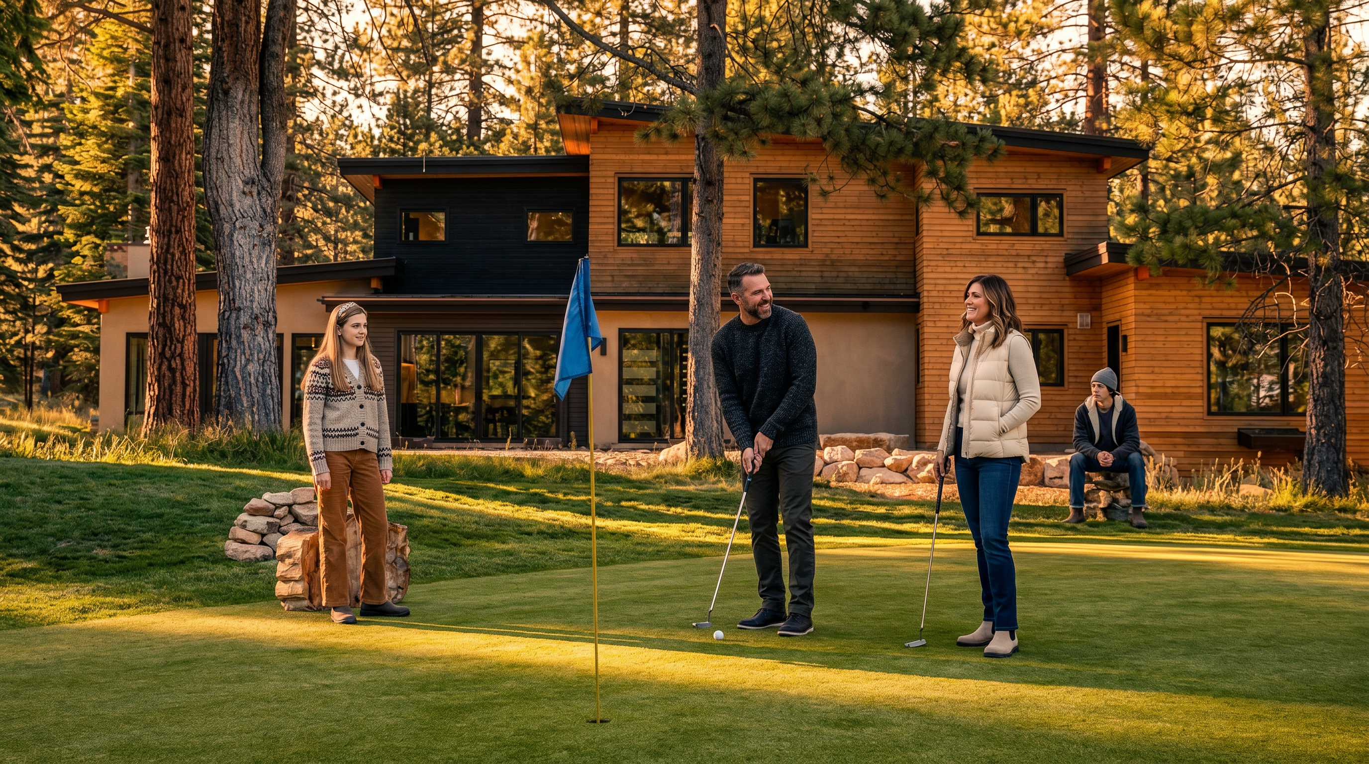 This image captures a putting green in the foreground, complete with a flag, leading toward a modern two-story home nestled among tall pine trees. The house features a mix of horizontal wood siding and dark-toned panels, with large windows that reflect the surrounding forest. The scene is set on a bright, sunny day, emphasizing the tranquil and private nature of the property's outdoor space.