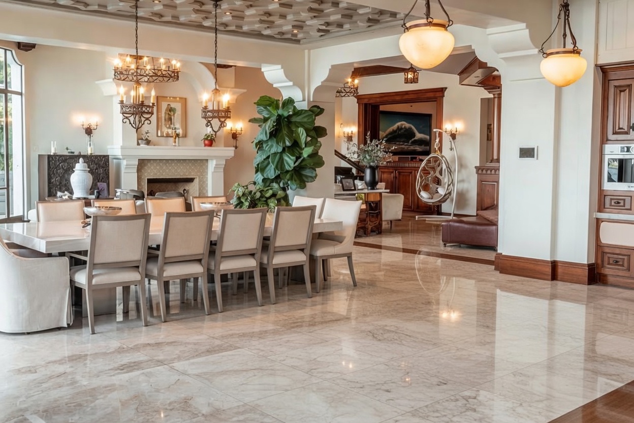 This interior view showcases an open-concept kitchen and dining area characterized by a luxurious, Mediterranean-inspired design. The space features a massive marble-topped kitchen island with bar seating, a formal dining table, and intricate ceiling details, all illuminated by elegant chandeliers. The blend of rich wood cabinetry and opulent finishes creates a sophisticated, high-end atmosphere ideal for entertaining.