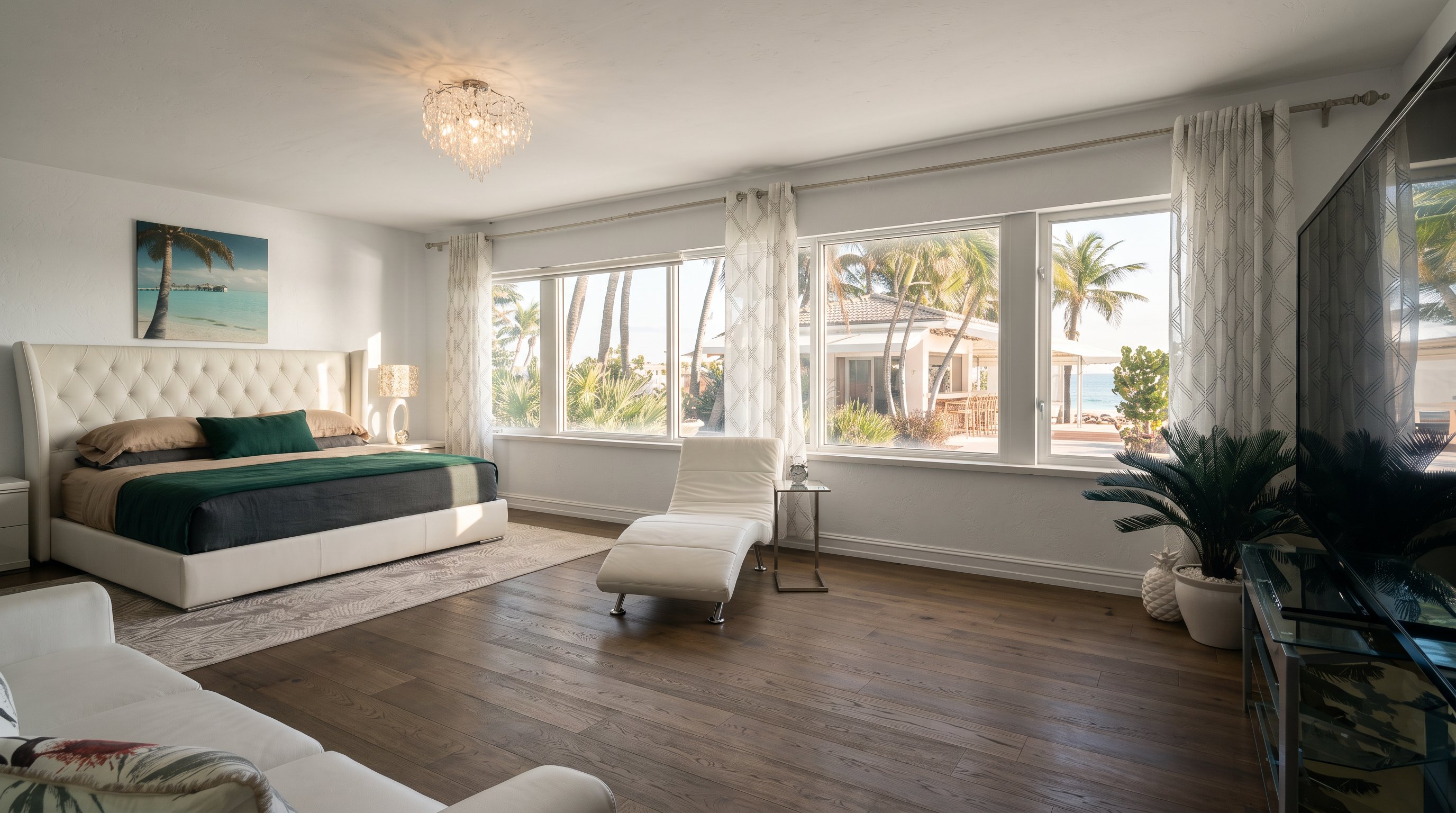 This spacious primary bedroom features rich dark wood flooring and light green walls, creating a serene and inviting atmosphere. A large bed with a tufted headboard sits prominently in the room, complemented by a white chaise lounge positioned near a wall of expansive windows that offer a view of the tropical outdoor landscape. The room is accented by a crystal chandelier and a large television, blending comfort with a bright, airy aesthetic.