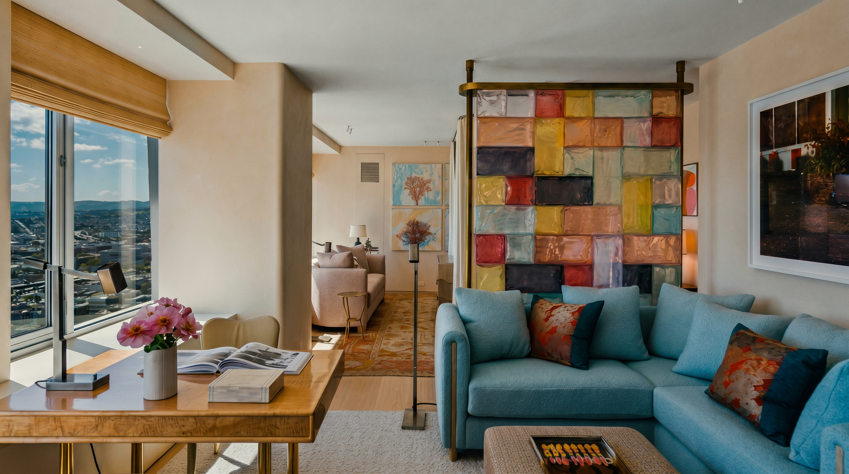 This sophisticated living space features a light blue sectional sofa and a desk area positioned near large windows that offer an expansive city view. A colorful, translucent glass room divider adds a vibrant artistic element, while a secondary seating area is visible in the background. The room is decorated with a neutral color palette, patterned area rugs, and contemporary artwork, creating a bright and airy atmosphere.