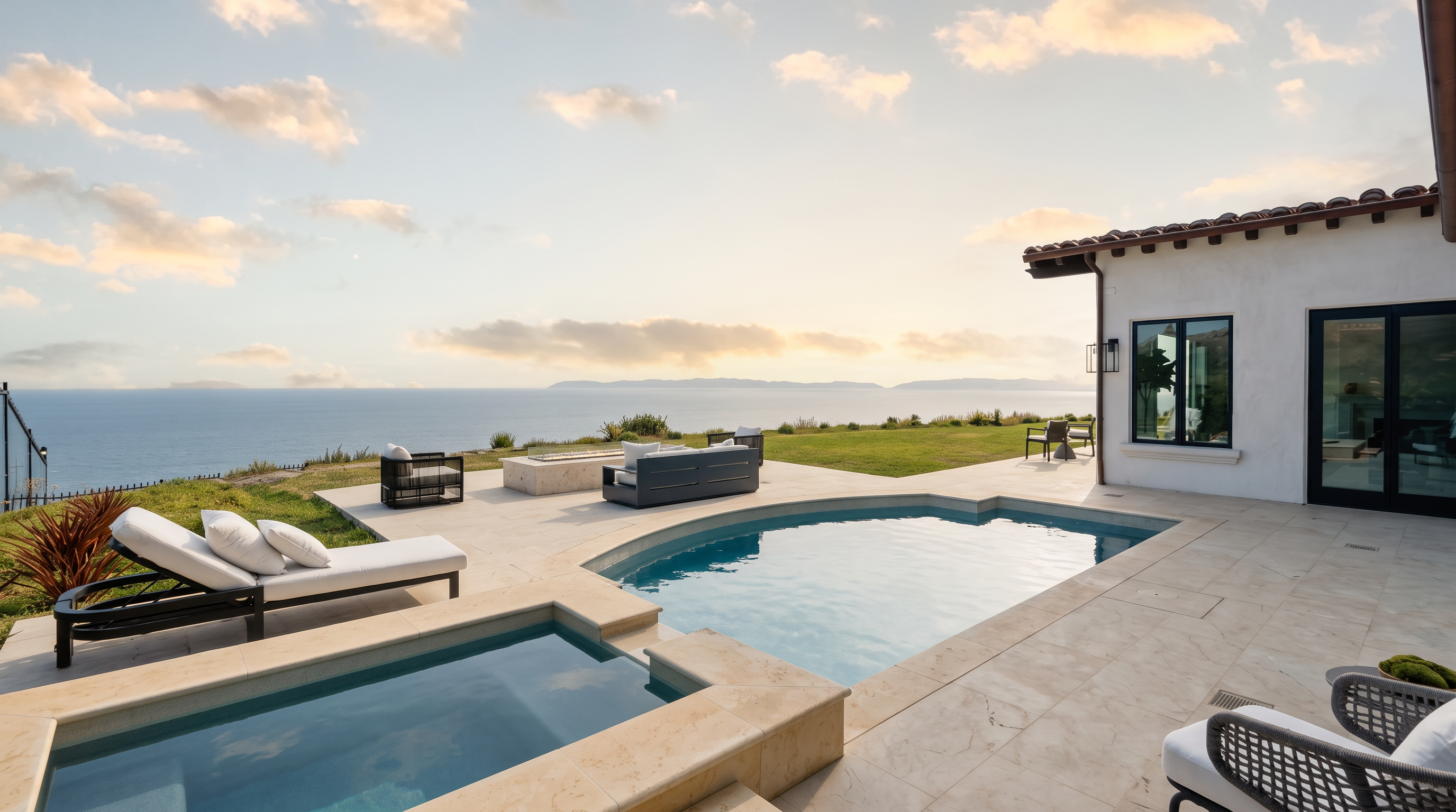 This stunning rear exterior view showcases a luxurious infinity-edge pool and integrated spa overlooking a vast ocean horizon. The expansive stone-paved patio features comfortable lounge seating, a fire pit area, and a manicured lawn, creating a seamless transition between the home and the coastal landscape. The bright, sunny atmosphere and clear blue sky emphasize the property's prime location and resort-like outdoor living space.