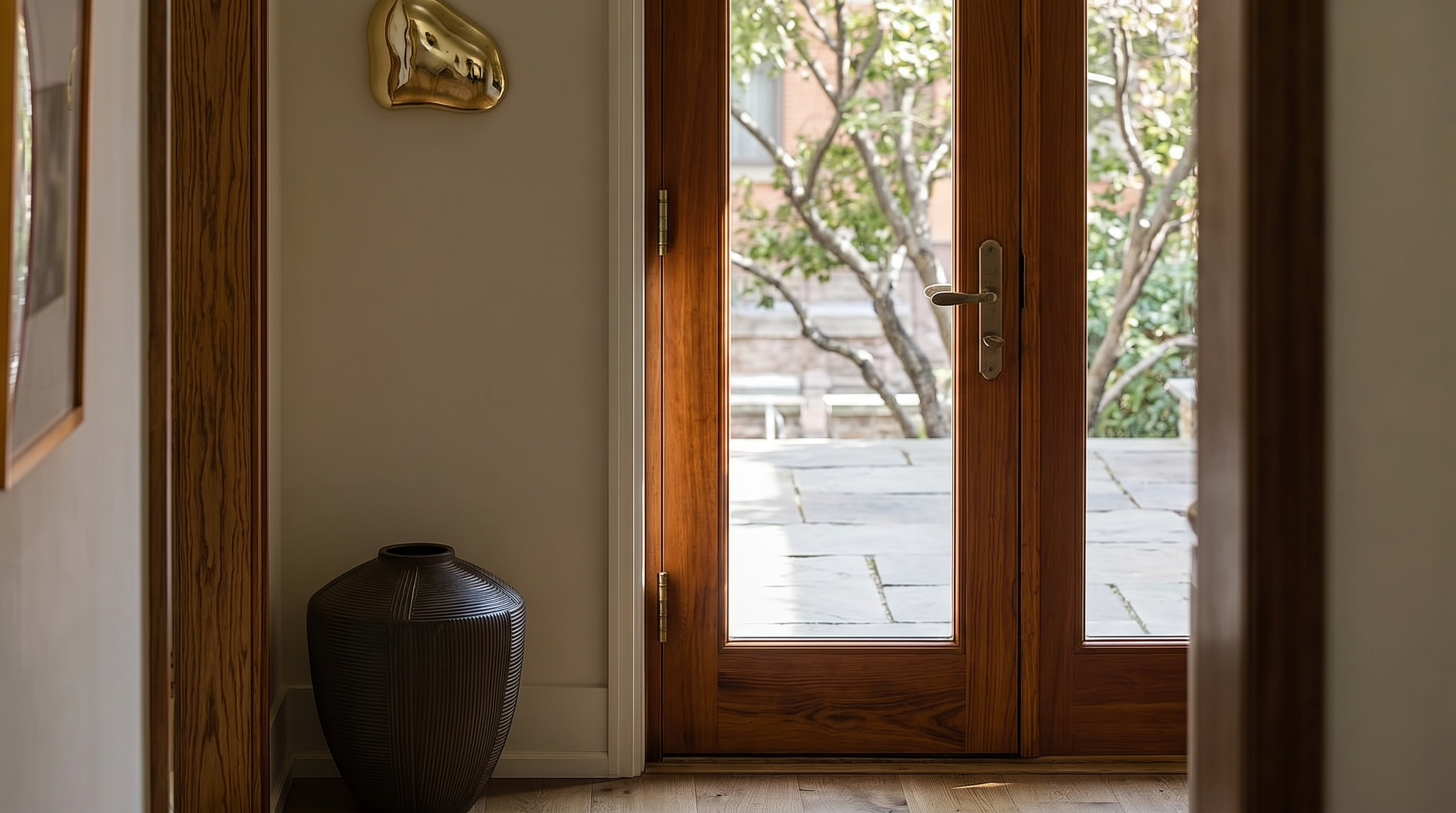 This elegant hallway features light-toned hardwood flooring and a gracefully curved staircase with a polished wooden handrail. The space is illuminated by a warm, modern pendant light and a sleek wall sconce, leading the eye toward an open doorway that reveals a bright, sunlit exterior. The architectural design emphasizes soft, organic curves in the ceiling and walls, creating a sophisticated and inviting atmosphere.