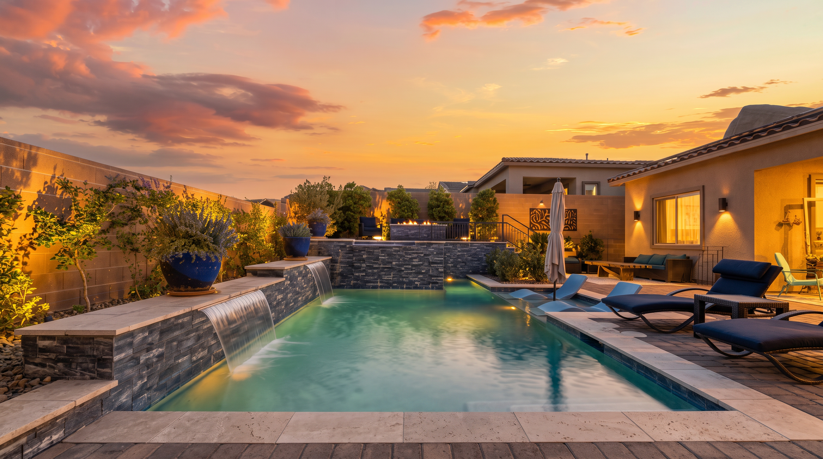 This backyard oasis features a modern rectangular swimming pool with a striking blue-tiled water feature wall that creates a cascading waterfall effect. The pool area is complemented by a paved patio space furnished with lounge chairs and an umbrella, set against the backdrop of a vibrant sunset sky. The scene is framed by a stone wall and manicured landscaping, offering a serene and luxurious outdoor living environment.