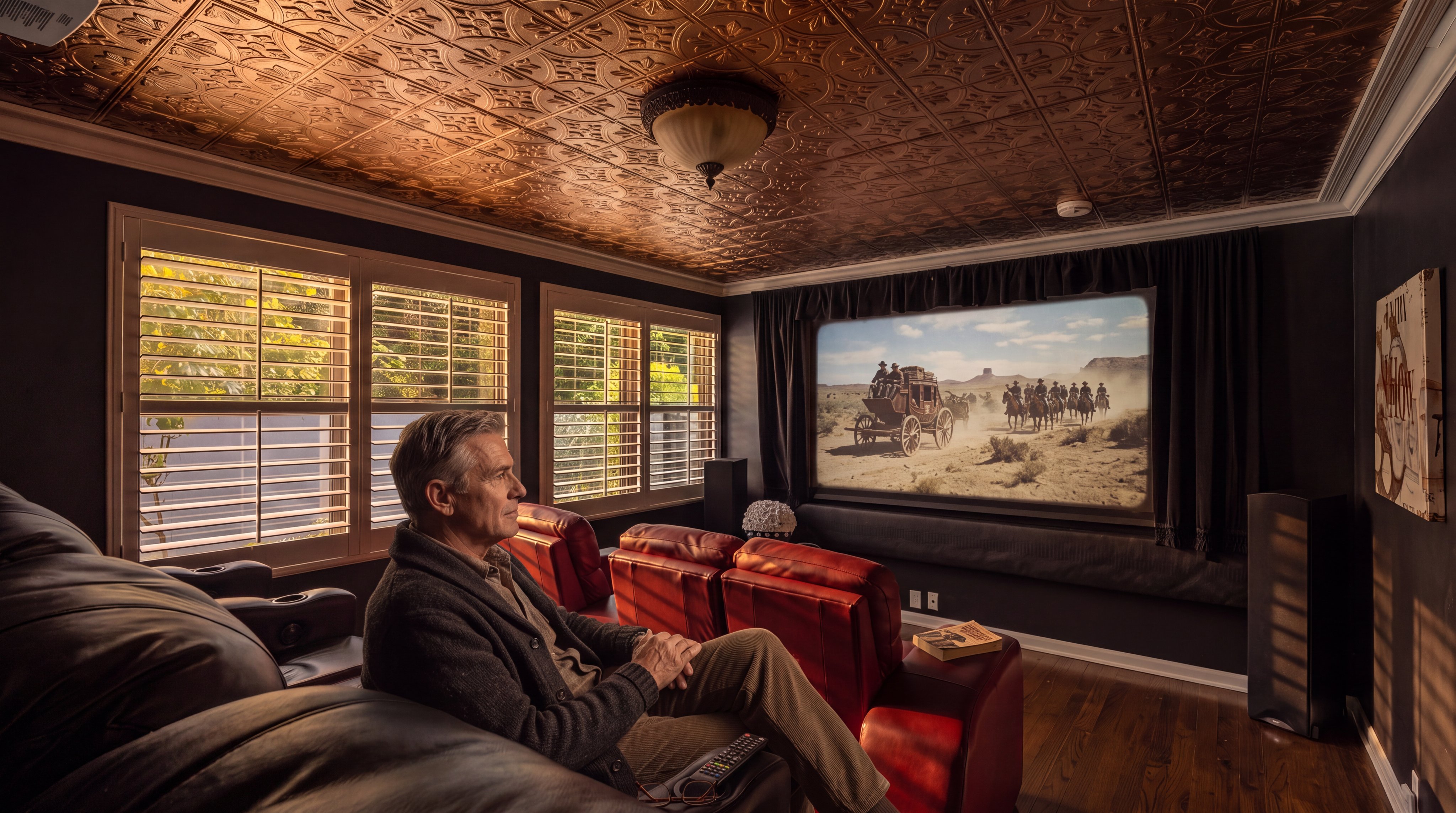 This dedicated home theater room features a striking metallic-finish patterned ceiling and dark walls, creating an immersive cinematic environment. The space is furnished with rows of plush red leather reclining chairs and a large projection screen framed by black curtains. Large windows with white plantation shutters allow for natural light, while tall speakers flank the screen to complete the entertainment setup.