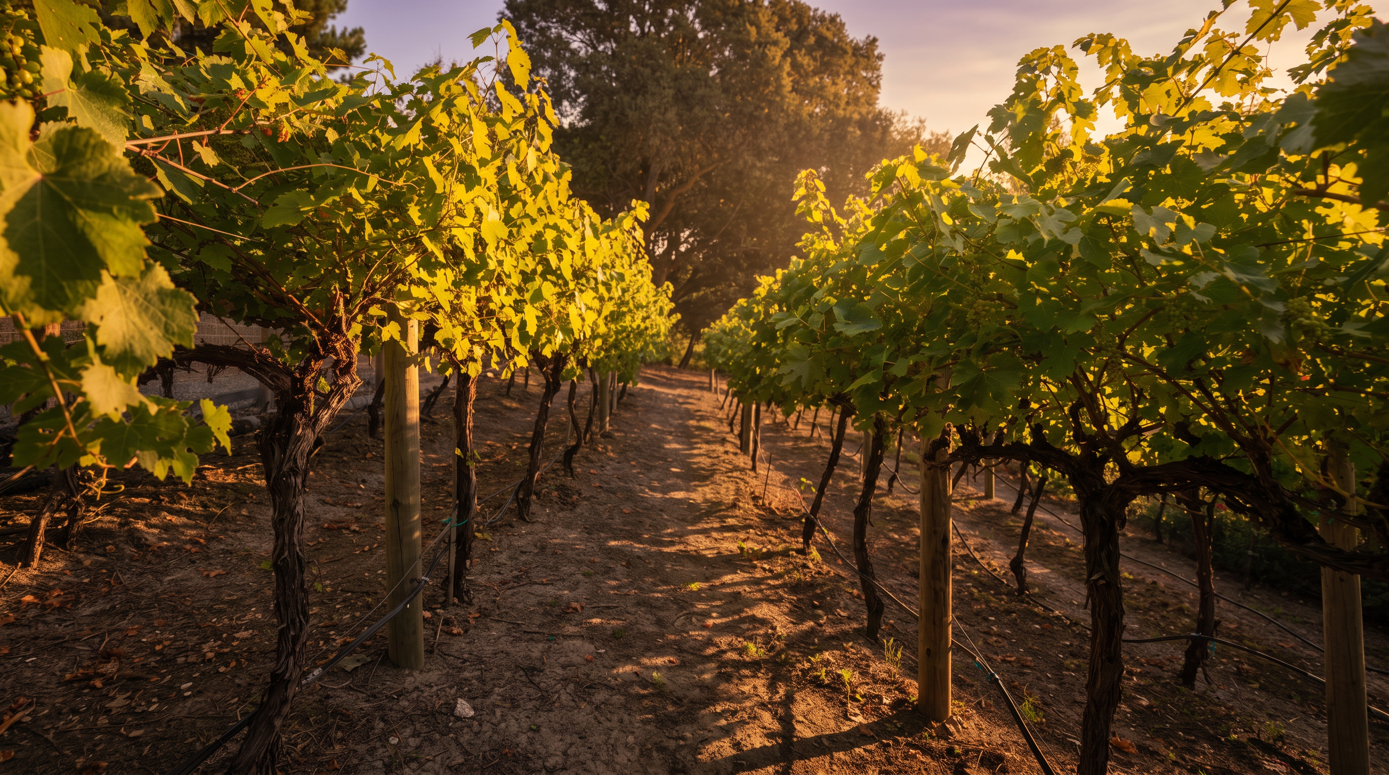 This image captures a well-maintained vineyard row, featuring mature grapevines trained along wooden posts and wire trellises. The perspective looks down the central dirt path between the rows, leading toward a backdrop of lush green trees under a clear blue sky. The scene conveys a sense of agricultural charm and peaceful, sun-drenched outdoor living.