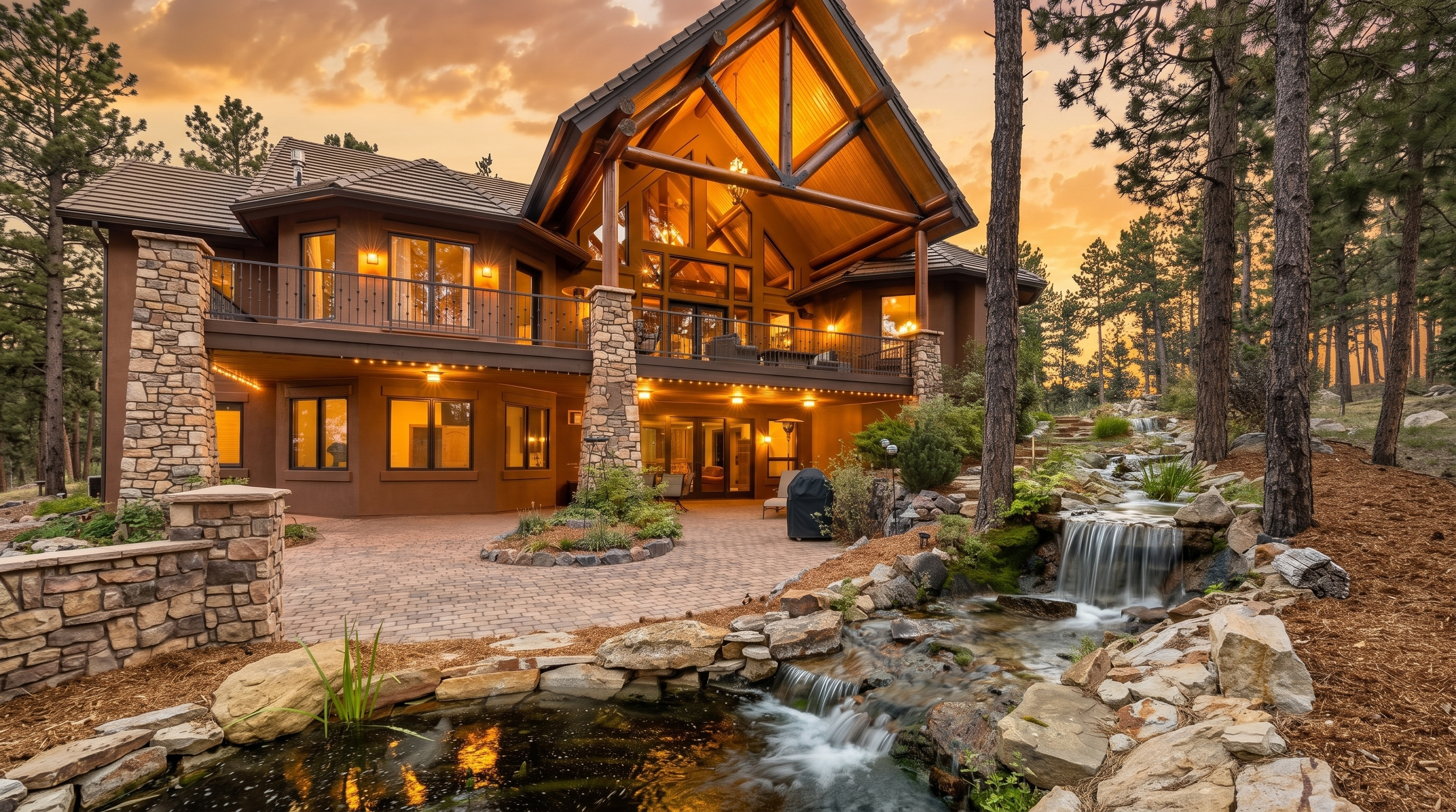 This stunning rear view of a luxury mountain home showcases a grand timber-frame structure with a spacious elevated deck and a lower-level stone patio. The property features a beautifully landscaped tiered water feature that cascades into a small pond, surrounded by mature pine trees. The warm glow of the interior lighting and exterior string lights creates an inviting atmosphere against the backdrop of a vibrant sunset sky.