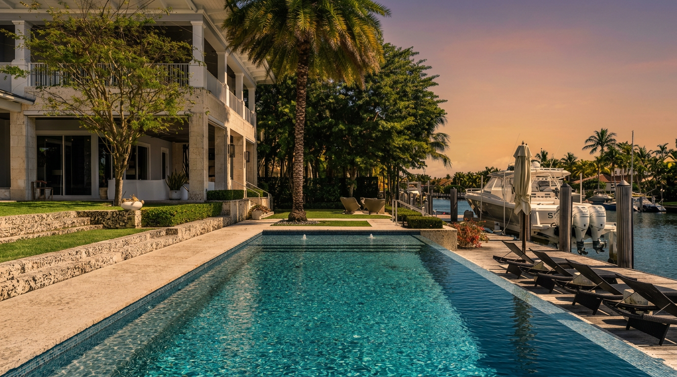 This luxurious waterfront property features a sleek, rectangular infinity-edge pool that stretches toward a private dock and canal. The multi-story residence is constructed with light-toned stone and features expansive glass doors that open onto a covered patio area, seamlessly blending indoor and outdoor living. A tall palm tree stands as a focal point in the manicured lawn, while a large motor yacht is moored at the adjacent dock, emphasizing the high-end coastal lifestyle.
