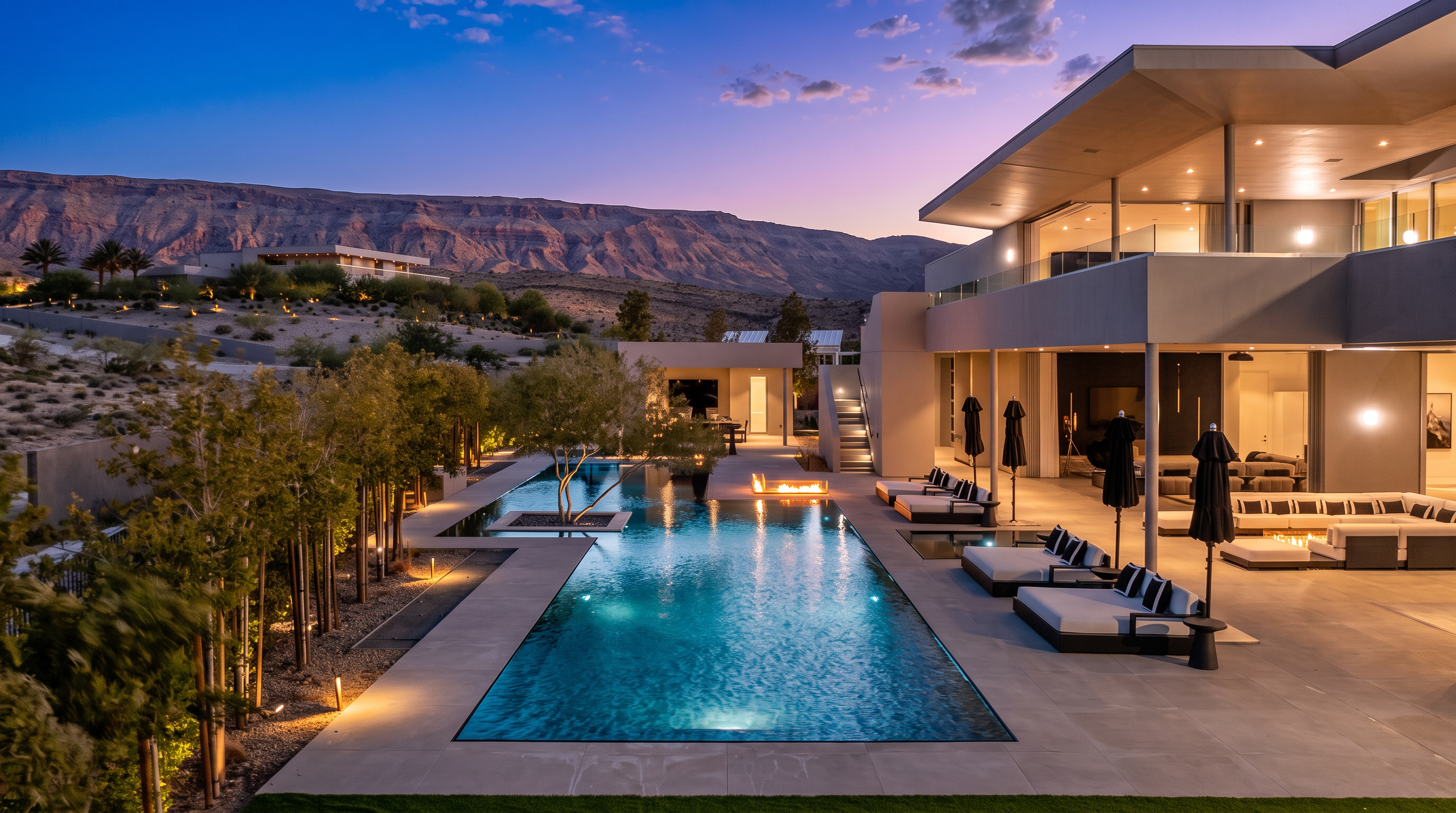 This stunning contemporary estate features a sprawling infinity-edge pool as the centerpiece of its outdoor living space, set against a dramatic desert mountain backdrop at dusk. The expansive stone patio is furnished with multiple lounge areas, including plush seating and umbrellas, while a linear fire feature adds a warm glow to the poolside atmosphere. The architecture emphasizes clean lines and seamless indoor-outdoor integration, creating a sophisticated and tranquil retreat.