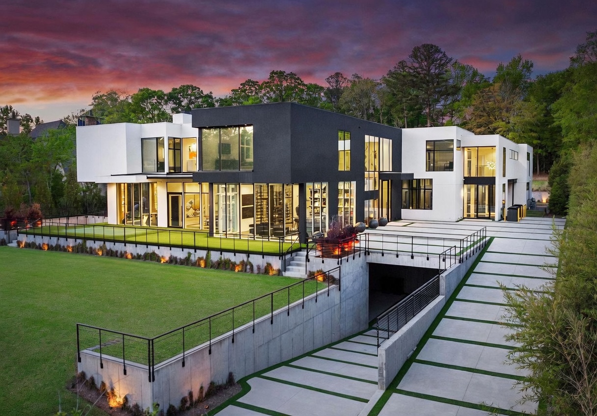 This striking modern residence features a bold, geometric design with a contrasting black and white exterior palette. The property includes an expansive elevated terrace, a manicured lawn, and a subterranean garage entrance accessed by a paved driveway with integrated grass strips. Large glass panels and tall windows define the facade, creating a seamless connection between the interior living spaces and the outdoor environment under a dramatic sunset sky.