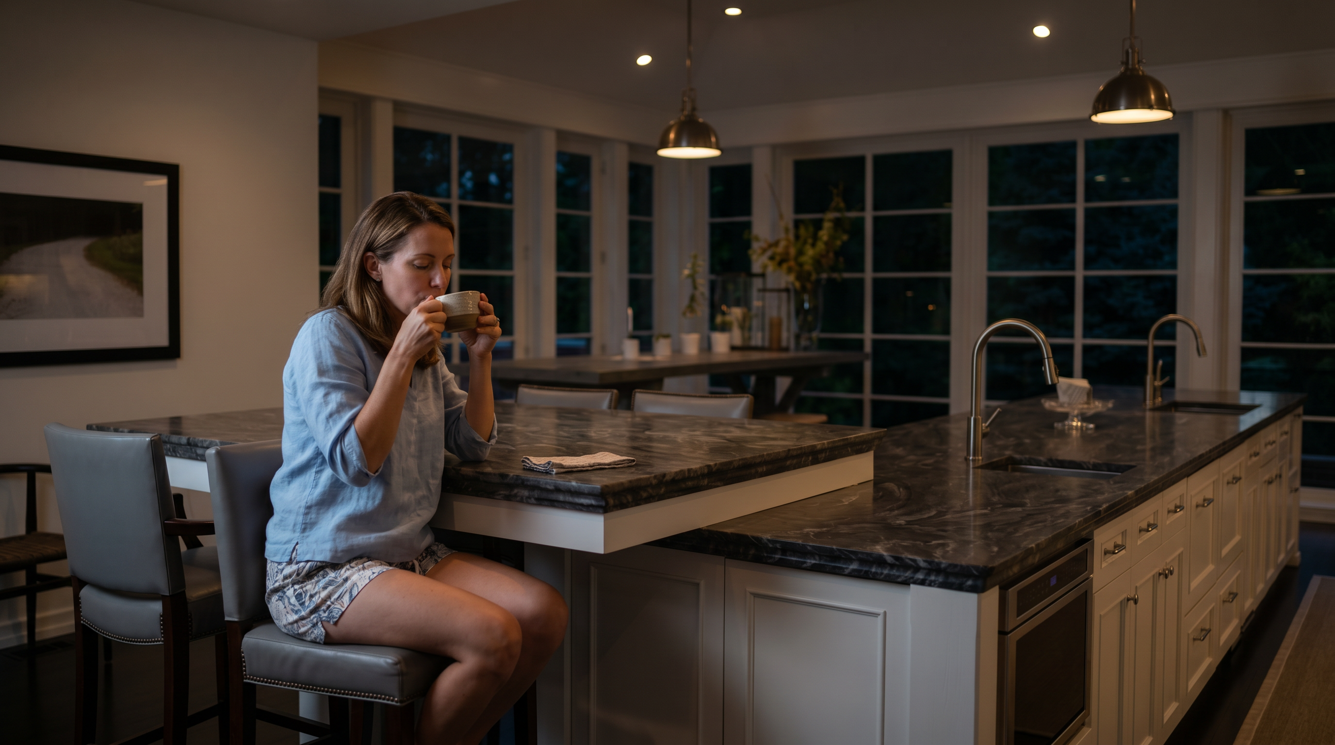 This expansive, bright kitchen features a large central island with a stone countertop and integrated seating for two. The space is defined by dark wood flooring, crisp white cabinetry, and a series of tall windows that provide abundant natural light and views of the surrounding greenery. Two pendant lights hang above the island, creating a clean, sophisticated atmosphere suitable for both cooking and entertaining.