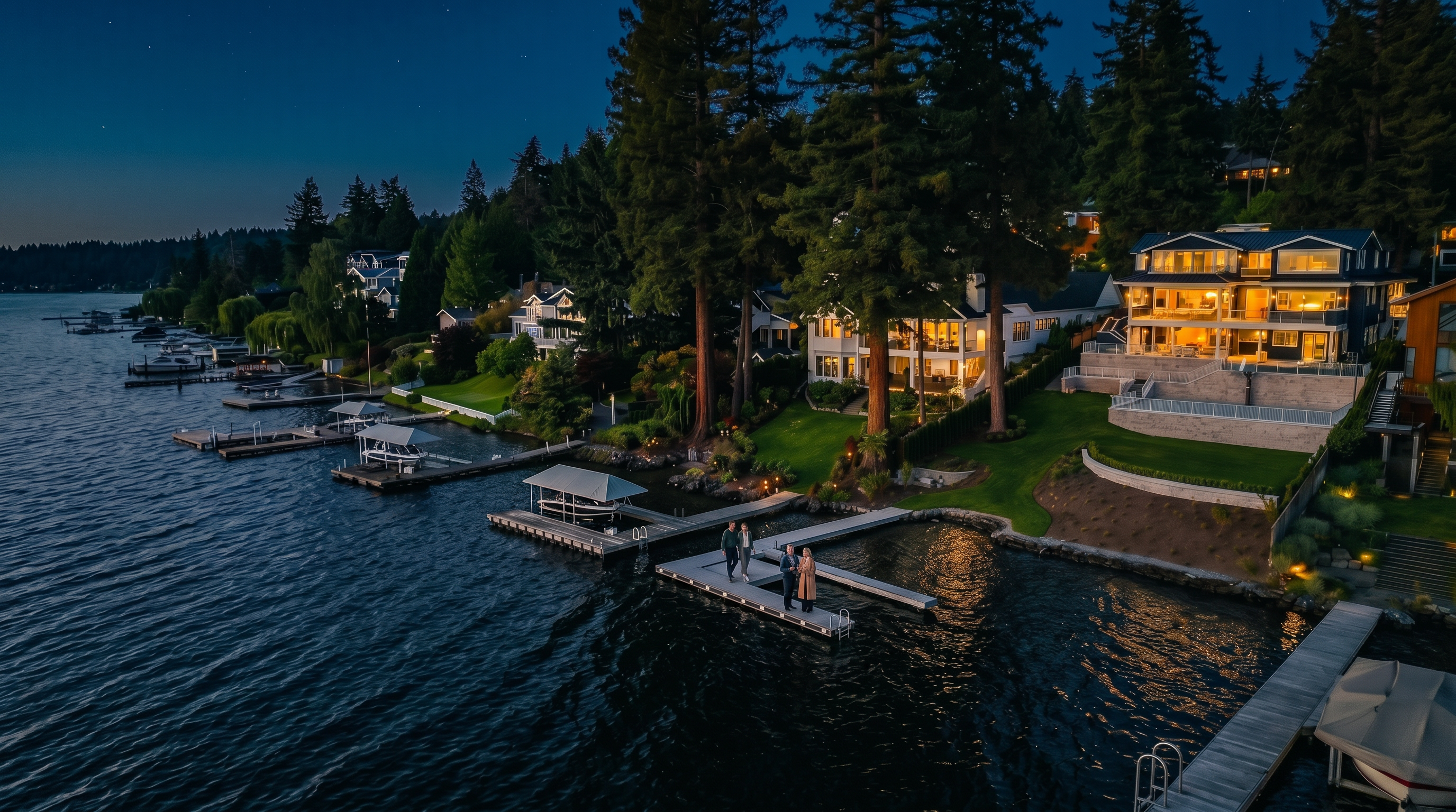 This high-angle aerial view captures a luxurious waterfront estate at dusk, showcasing its multi-level design and expansive outdoor living spaces. The property features a tiered stone patio, a manicured lawn, and a private dock extending into the calm lake, all framed by mature evergreen trees. The house itself is illuminated, highlighting its modern architecture and large windows that overlook the water.