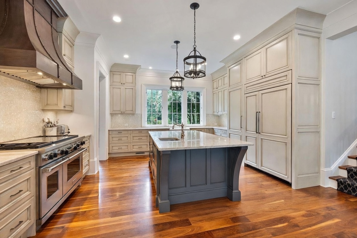 This spacious, high-end kitchen features a large central island with a dark base and stone countertop, complemented by two leather-upholstered bar stools. The room is anchored by a professional-grade stainless steel range with a custom hood and light-toned cabinetry that extends to the ceiling. Warm wood flooring runs throughout the space, which is illuminated by elegant pendant lights and recessed lighting, creating a bright and inviting atmosphere.