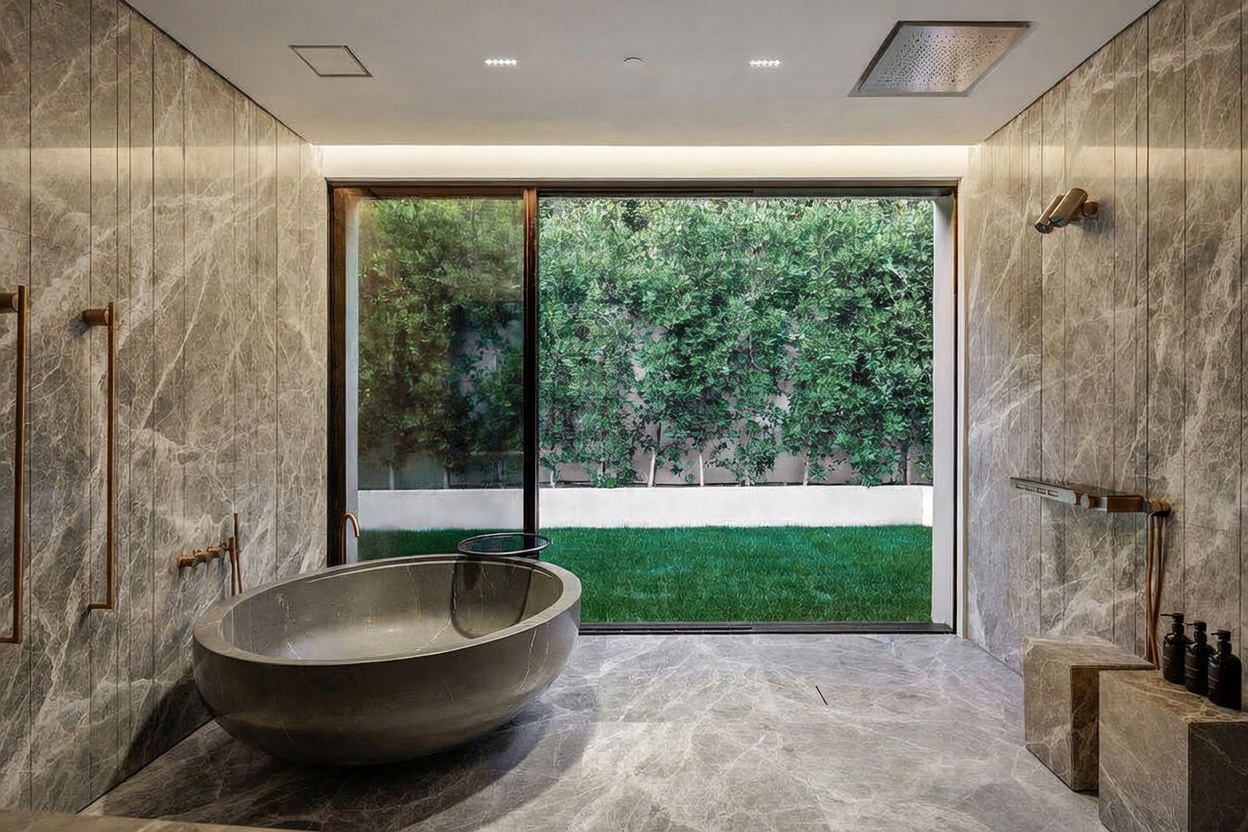 This luxurious primary bathroom features a stunning stone soaking tub as its centerpiece, set against floor-to-ceiling marble walls. A large sliding glass door provides a seamless transition to a private, lush green garden, creating a serene and spa-like atmosphere. The space is accented with modern bronze fixtures and recessed lighting, emphasizing a sophisticated and high-end design.