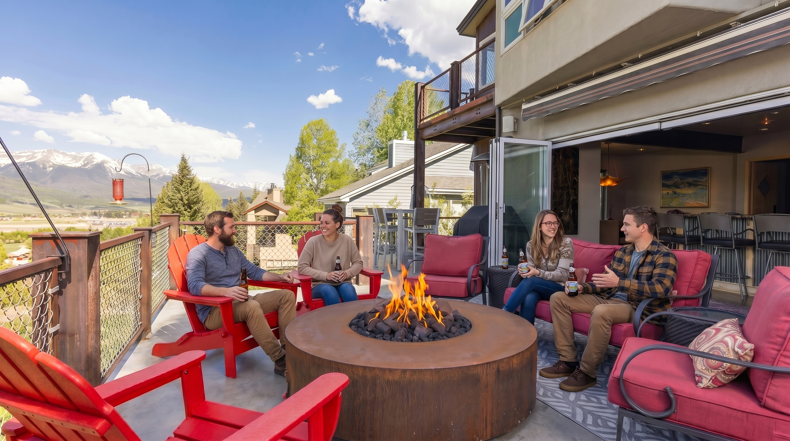 This expansive outdoor deck offers a stunning mountain view and features a central circular fire pit surrounded by vibrant red Adirondack chairs. The space seamlessly transitions into an indoor living area through large, folding glass doors, creating an ideal environment for entertaining. The deck is equipped with a retractable awning and overlooks a scenic landscape, providing a perfect blend of comfort and natural beauty.